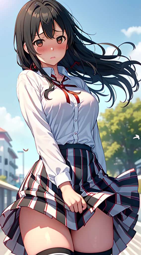 1girl as yukino yukinoshita ,black hair,Red ribbons ,((Impatient expression)),Beautiful breasts,(White shirt:1.2) black knee high socks,pleated skirt ,well-styled, (Facing the front)(((Blushing cheeks、embarassed expression)),(((The skirt is rolled up by the wind)))