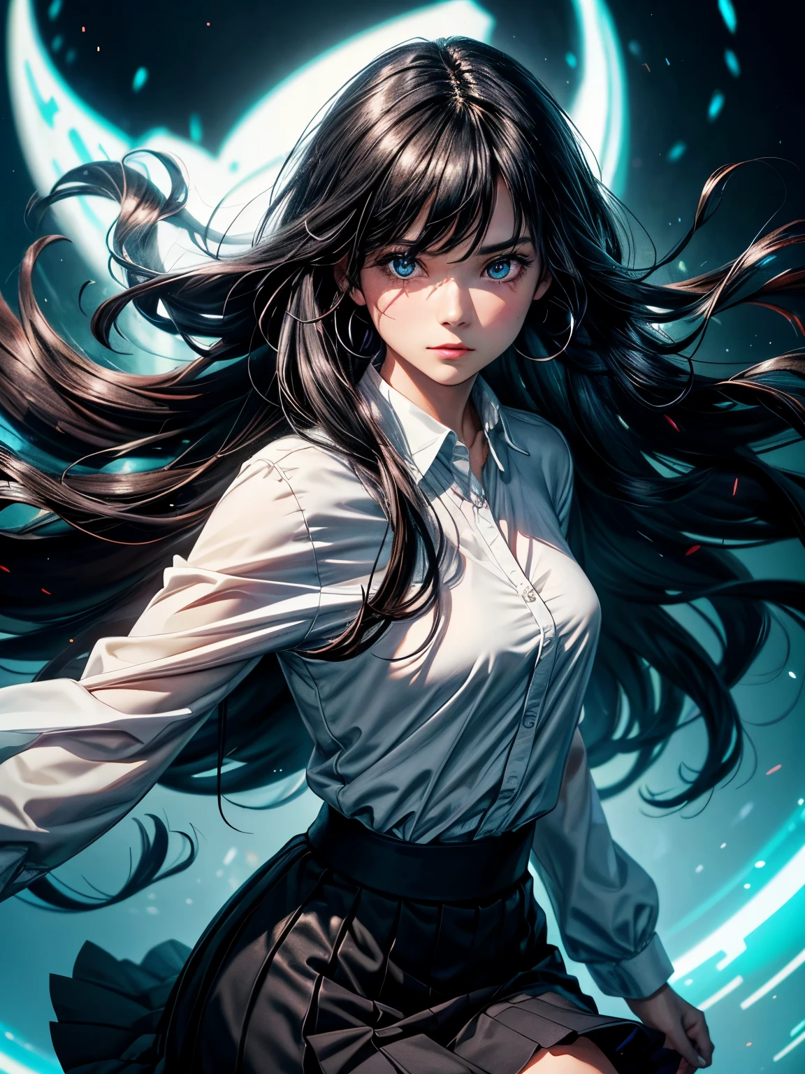 solo, womsn, detaild beautifu face and eyes, long sleeve shirt and skirt, black hair, long hair, floating hair, shiny hair, jewelry, light smile, Conceptual art, cinematic lighting, jpeg artifacts, Eye-Level Shot, drop shadow, depth of field, Ghibli-like colours, hyperrealism, masterpiece, retina, ccurate, best quality, highres, 4K, super detail