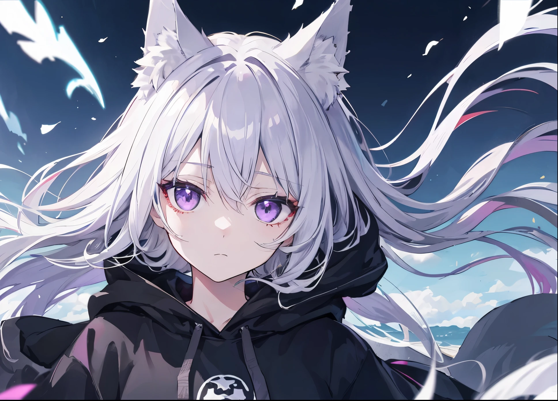 ((Best Quality)), facing front, in the middle, a wolf-girl with suspended eyes, wearing a black hoodie with a hood over it, a forlorn expression, gray hair and animal ears, purple eyes. The back is black. The wind is blowing and her hair is fluttering. Night.