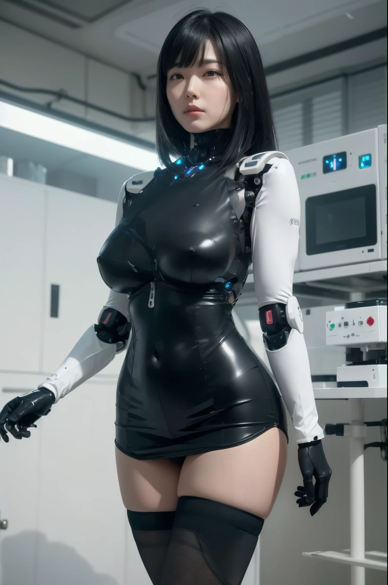 masterpiece, best quality, extremely detailed, (8K, 4K, Best Quality, hight resolution, 超A high resolution:1.1), (masutepiece, Realistic, Photorealsitic:1.1),8k portrait, Japaese android Girl,Plump , announcer,control panels,android,Droid,Mechanical Hand, Robot arms and legs, Black Robot Parts,Black hair,Mechanical body,Blunt bangs,perfect mechanical abdomen,White robotics parts,perfect robot woman,future laboratory,cyber pank,charging spot,laboratory,long tube,thick cable connected her neck,ceramic body ,perfect mechanical body, white robot body,lod antenna,mechanical ear cover,android,robot humanoid,black sponge joints,The removable cover is in the groin,The connection port is in the groin,opened chest panel,access panel on the chest,opened breast panel,perfect mechanical breast,white machine body,white robot body,white ceramic breast,perfect plastic breast,She has repaired,assembly plant,miniskirt,dark black knee high socks