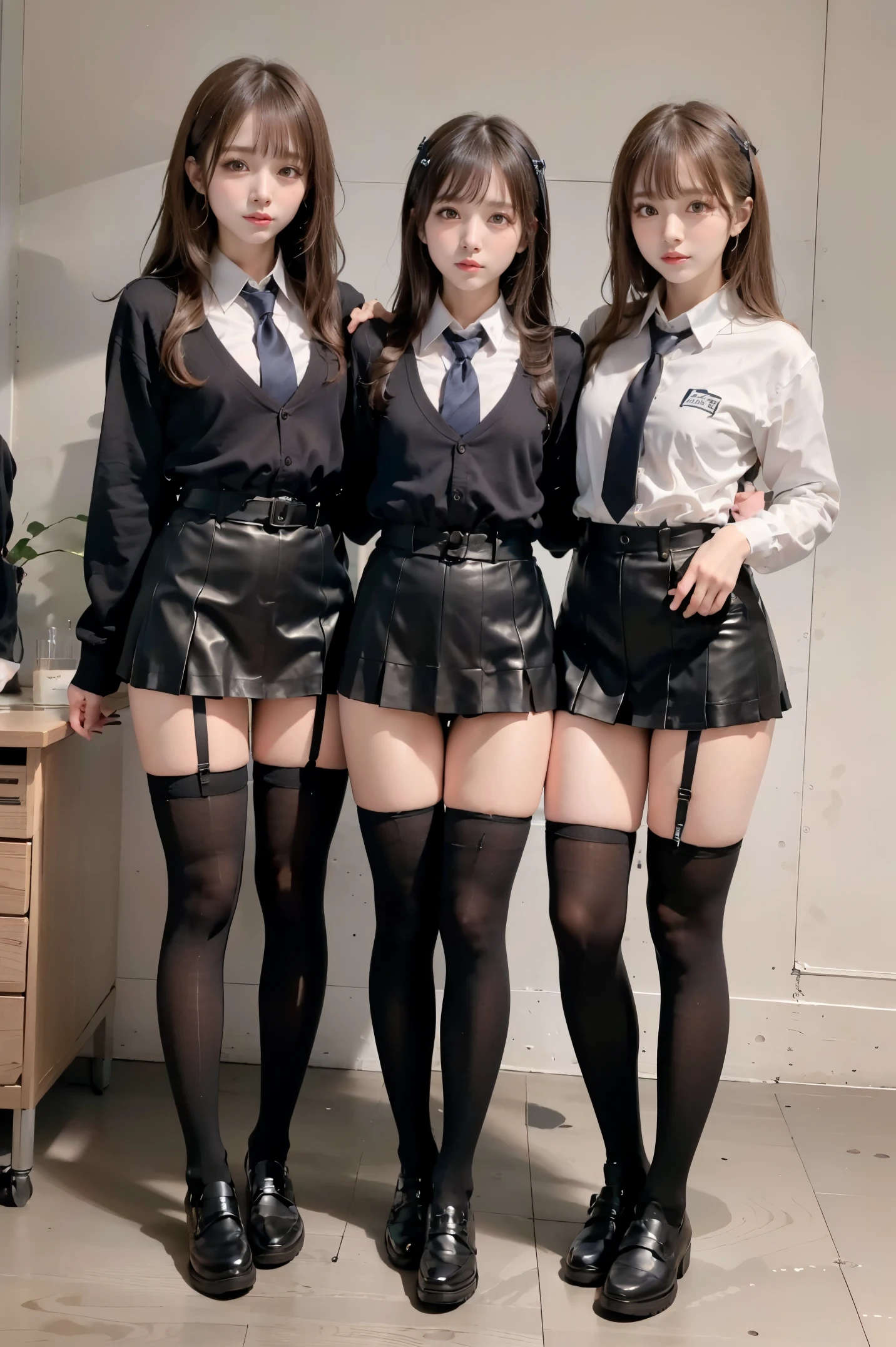 ((３full body photography of a person))、street snap、With a  wearing a micro miniskirt((Tall))hot gal３I have a sister、(3 girls)、(japanese gal)、Phenomenally cute schoolgirl、skinny fit uniform、Winter clothes、Japanese school black uniform、(big g cup breasts)、(The shirt opens on the chest, exposing a lot of cleavage.)、Surreal、Wearing a dark blue uniform、full body Esbian、Nice skin、glistning skin、lovely thighs、((long legged))、((wide thighs))、lifted((Micro Mini Skirt))、With garter、(black garter knee high socks)、(((all hands)(I definitely wear black garter knee socks that show the skin above the knees.)))、(I&#39;m wearing high heeled leather shoes)、乃木坂アイドル、韓国アイドル、Invite you inside、Inviting eyes