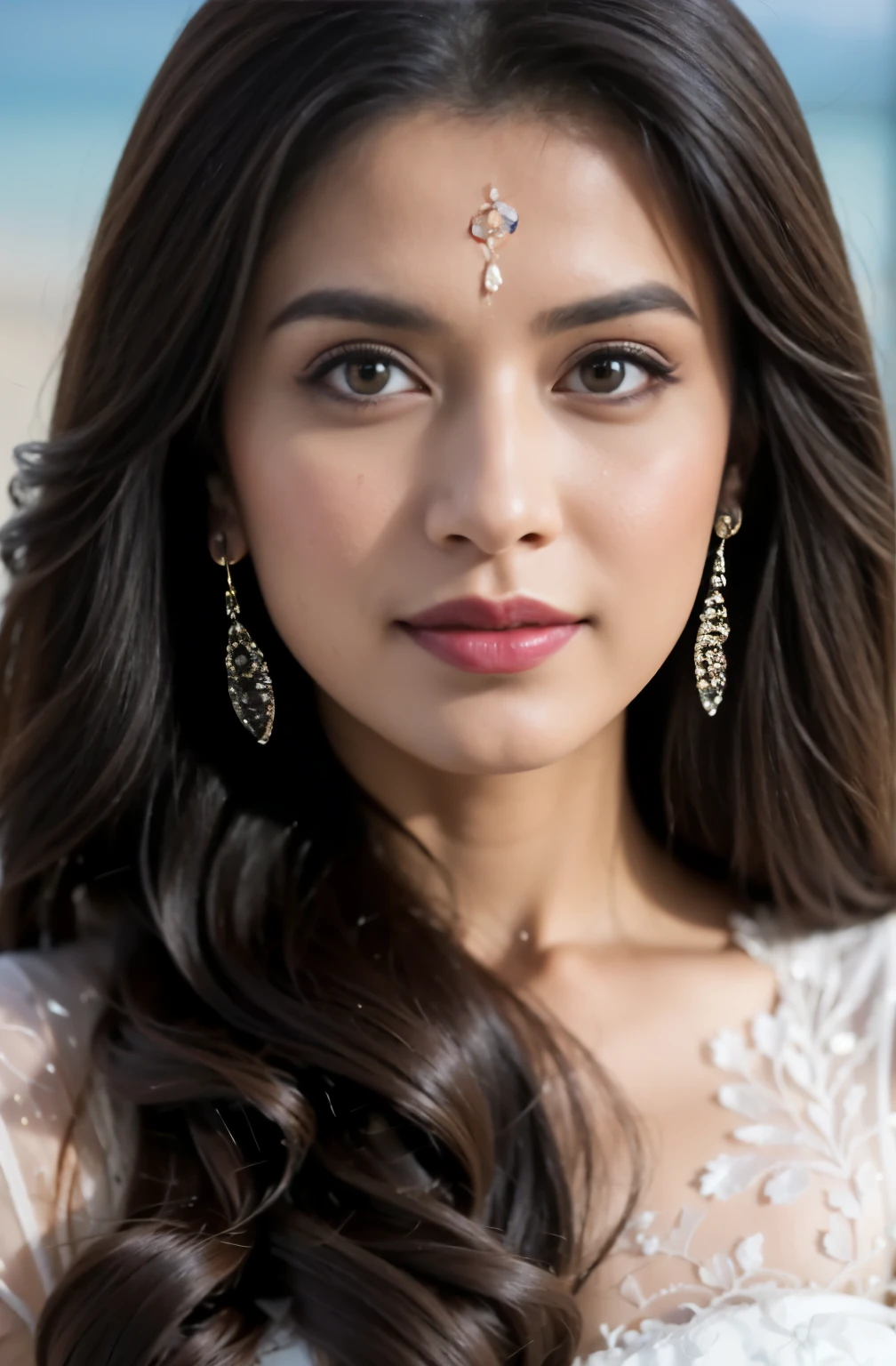 Portrait of A confident-looking indian woman with long flowing hair, hazel eyes, with flowing capes, ocean background, bokeh, perfect composition, hyperrealistic, super detailed, 8k, high quality, trending art, trending on artstation, sharp focus, studio photo, intricate details, highly detailed, art by greg rutkowski 8k quality, Ultra realistic, straight pose, front view of camera, looking at camera,full face only, rotate to straight pose,