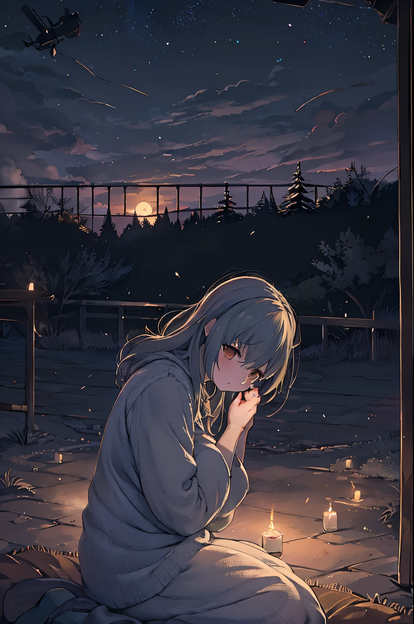 masutepiece, Best Quality,8K, 超A high resolution,Moon Night,A woman who says,lying on the empty lawn,While looking at the lonely and bright moon floating in the sky。she clasped her hands,I pray that light will shine on her lost love.....。Remembering the warmth of the past,Tears fell from the corner of his eyes,turned into deep pain and despair。all night、his mood seemed to darken.。。。。。