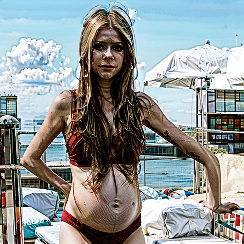 extremely pregnant Avril Lavigne ,red Baywatch swimsuit ,beach