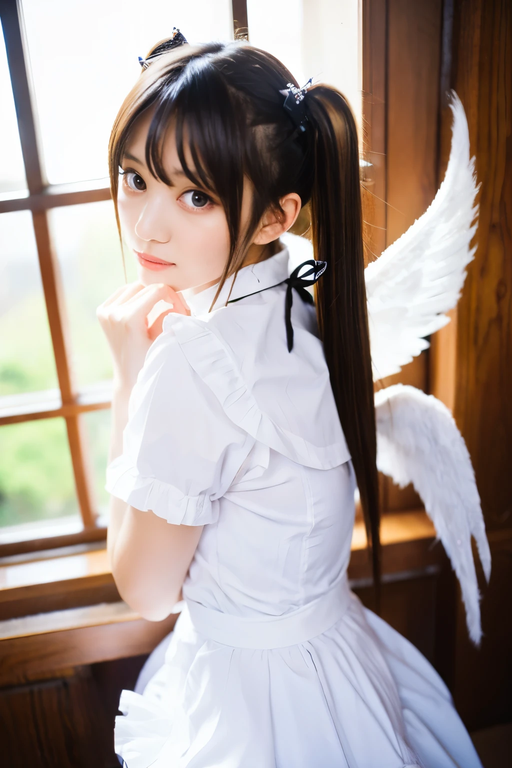 angel, twin tail hair, maid clothes, by the window, ((((masterpiece)))), very_high_resolution, high quality, full color, large_filesize, illust