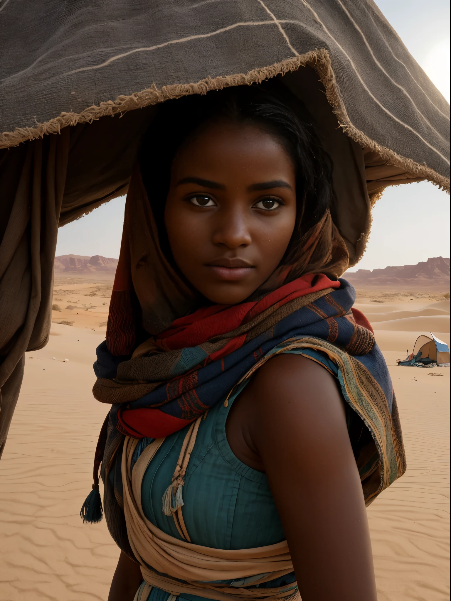 In the harsh sunlit expanse of the Tibesti region, a determined figure, Hawa, emerges from the dusty horizon. Cloaked in weather-worn fabrics that blend with the arid landscape, her silhouette speaks of resilience and untold stories. Unyielding, her gaze fixes on the distant Aloba Arch, a symbol of both solitude and discovery. Beneath the relentless sun, her footsteps echo a journey forged through adversity, a silent testament to a past she carries without uttering a word.
Hawa's skin, kissed by the relentless sun, carries the warm hues of desert sand.
Her hair, a tangle of ebony curls, frames her face and bears witness to the wind's untamed whispers.
Clad in earth-toned, threadbare garments, Hawa wears the passage of time etched in every seam and fray. A traditional headwrap shields her from the sun's intensity.The campsite, minimalistic yet deliberate, reveals the essence of a nomadic existence. Weather-beaten tents stand against the shifting sands, and a small fire, the heart of her transient home, flickers with stories untold.
Hawa's frame, lean and agile, speaks of survival in the harshest terrains. Every sinew tells a story of resilience, a testament to a life marked by both adversity and the unwavering determination to endure.