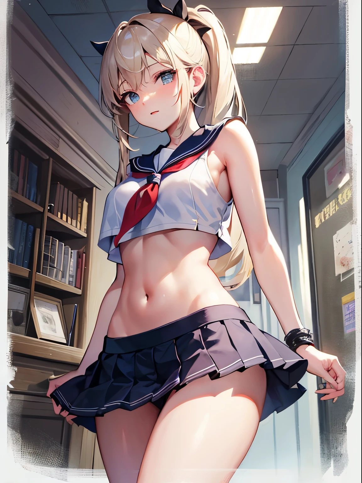 top-quality、realistic touch,high-detail、photoRealstic、thin-waist、captive beauty、big eye、solid platinum-blonde eyelashes、platinum-blonde、full body Esbian、Sparkling eyes, cheeks flushed、thin-waist、In the classroom of the school、She is in estrus、a sailor suit、cocky expression、Super short skirt with V-line visible、Sleeveless、Navel look、small tits、Ponytail hair style、a sailor suit that is extremely short in length、Colossal tits、big butts、Angle from below、Big breasts visible between uniform and stomach、sexy pose