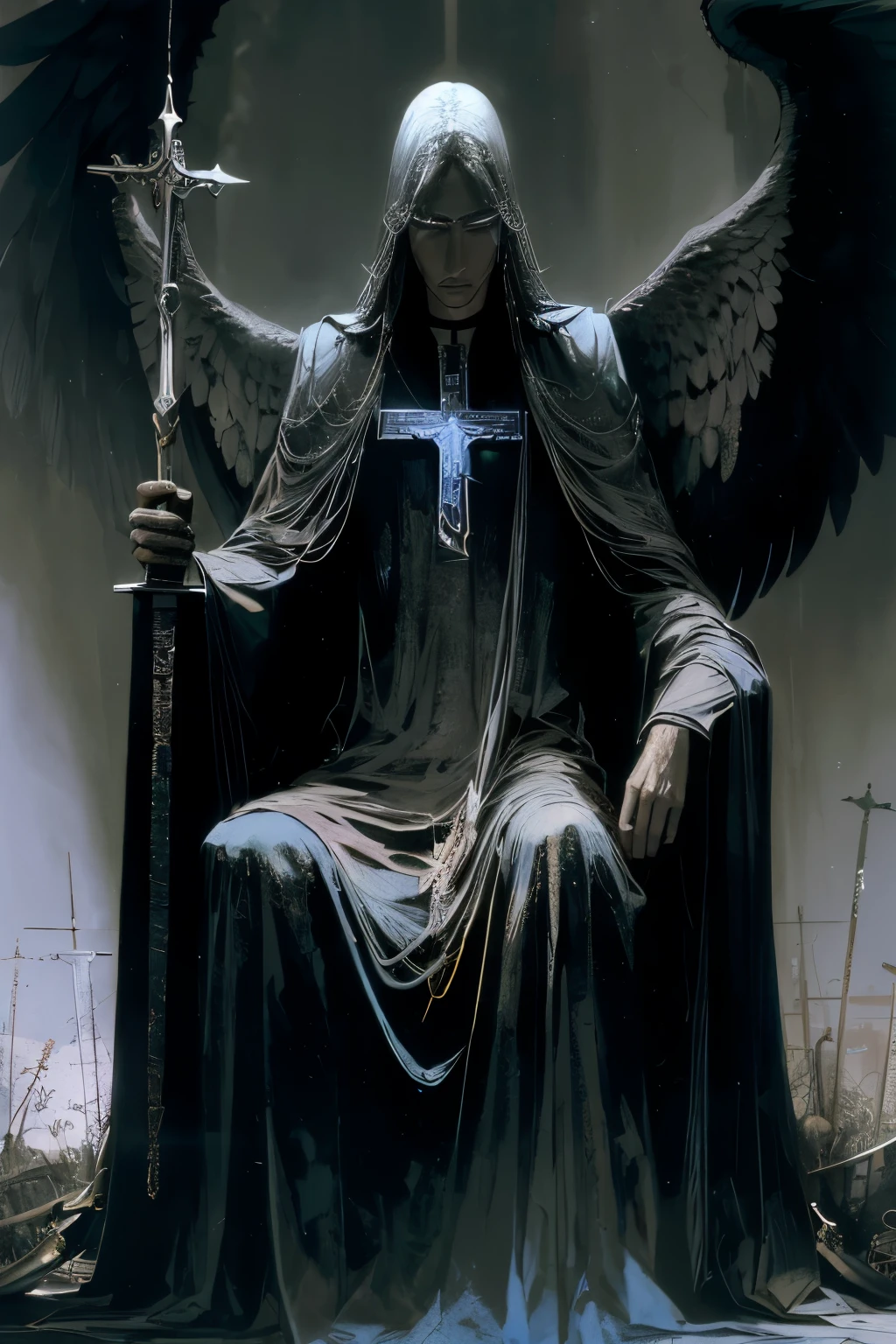 arafed grim with a cross and a sword sitting on a throne, god of death, portrait of the god of death, beautiful male god of death, portrait of a god of death, the king of death, dwayne barlowe, death god, the harbringer of death, evil death, the angel of death, portrait of the angel of death