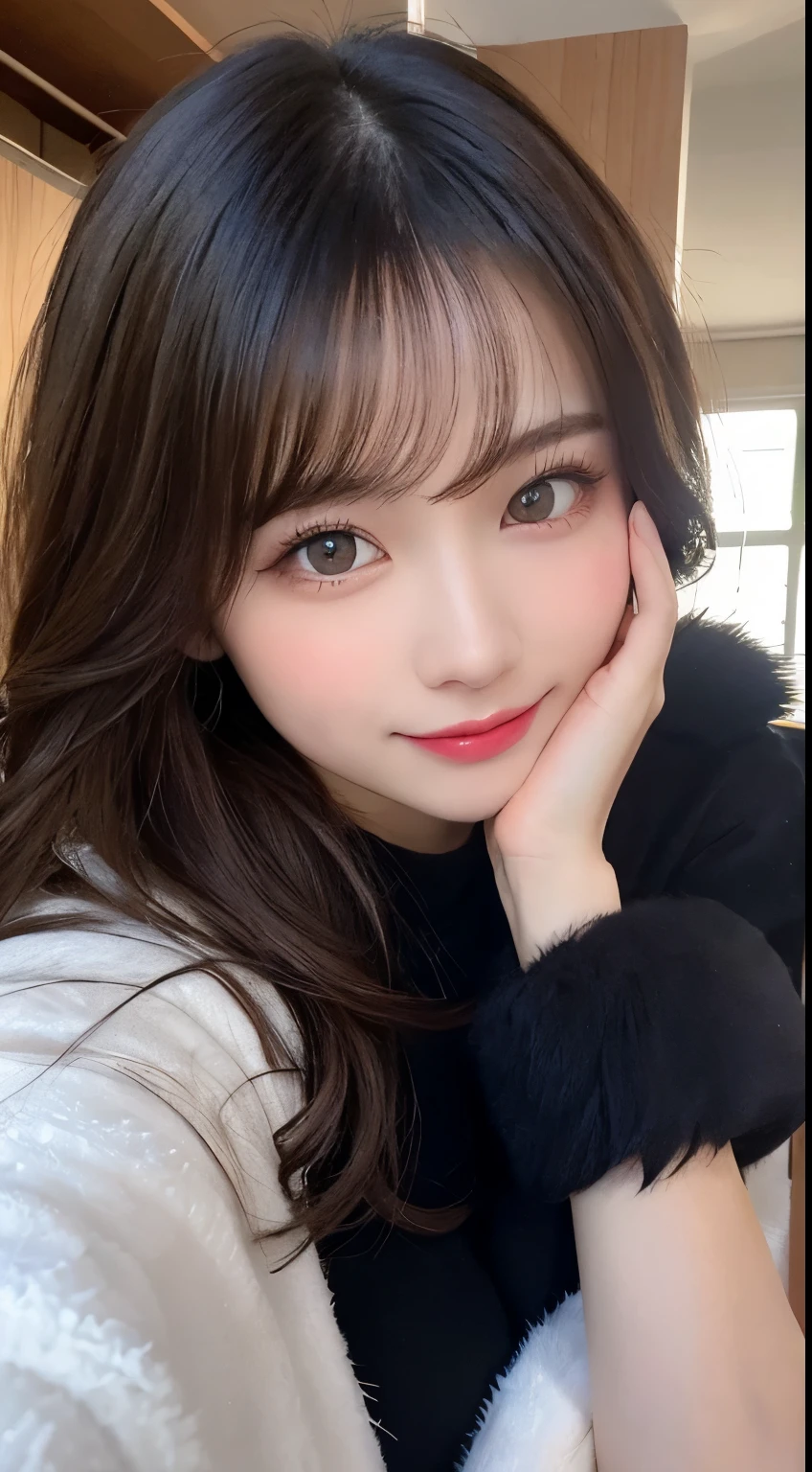 masutepiece, Best Quality, Illustration, Ultra-detailed, finely detail, hight resolution, 8K Wallpaper, Perfect dynamic composition, Beautiful detailed eyes, Gorgeous black fluffy Tokyo winter clothes,random cute hair,small tits,Natural Color Lip, Bold sexy poses,Smile、20 years girl、Cute、Sexy shot looking at camera,Always blur the background,Perfect and beautiful face,Take only the face,beautiful and detailed face、slim face and style,Big eyes、Do gal makeup