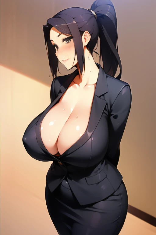 Best quality, mature woman, giant breasts, giant ass, very curvy, high ponytail, black eyes, full lips, seductive, principal uniform, black blazer, white button up, pencil skirt, exposed cleavage