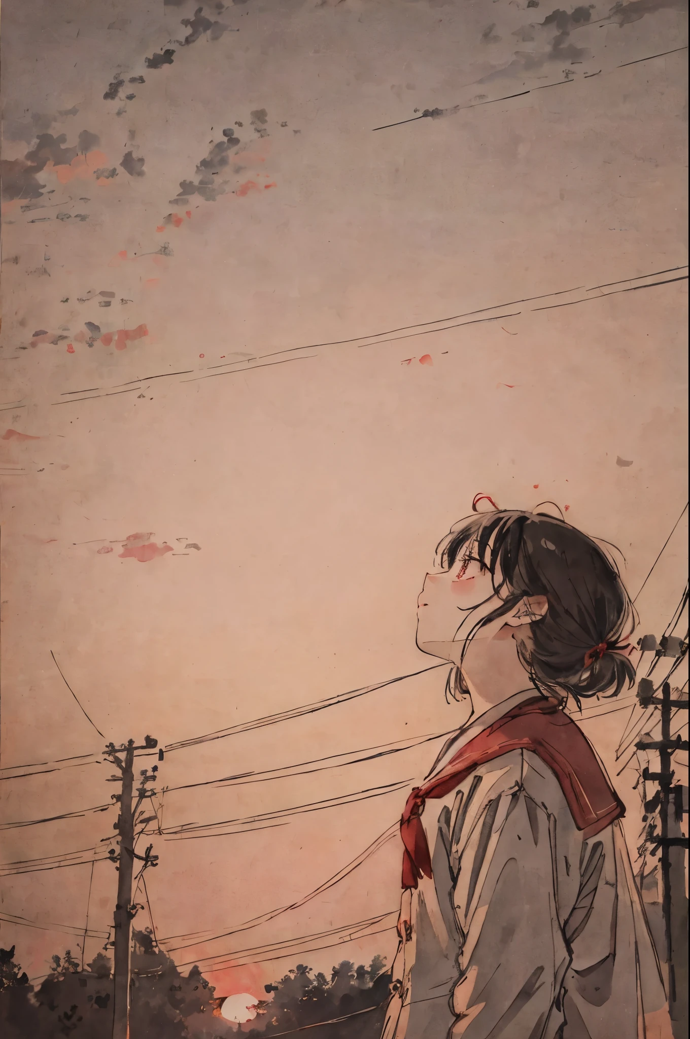 evening、Red sky、a sailor suit、I drew the upper body、early evening、eventide、girl looking up、A dark-haired、concrete、street、Nostalgic、electric wires、utility pole、reddish lighting、florals