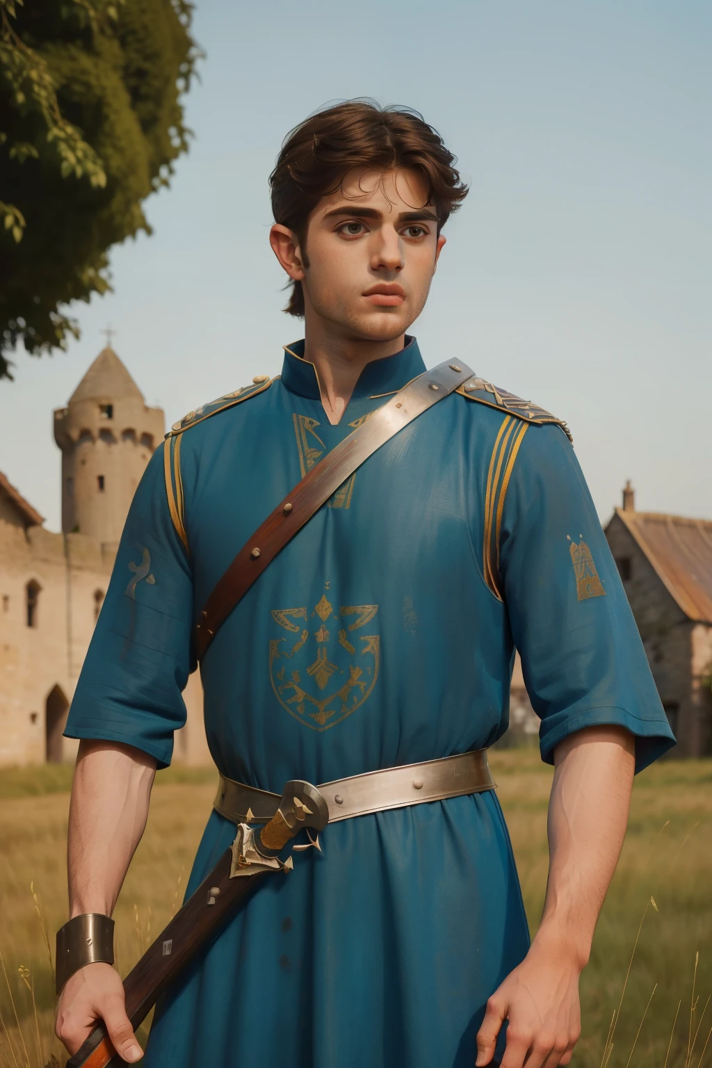 1152, Shiring, England. Otherworldly scene outside a medieval mill, ((((29-year-old)) Matthew Daddario)), knight, sword, figthing, ((victorious expression)), ((((tunic from the 12th century)))), ((Hairstyle of the 12th century)), ((Wes Anderson cinematic style)), colorful