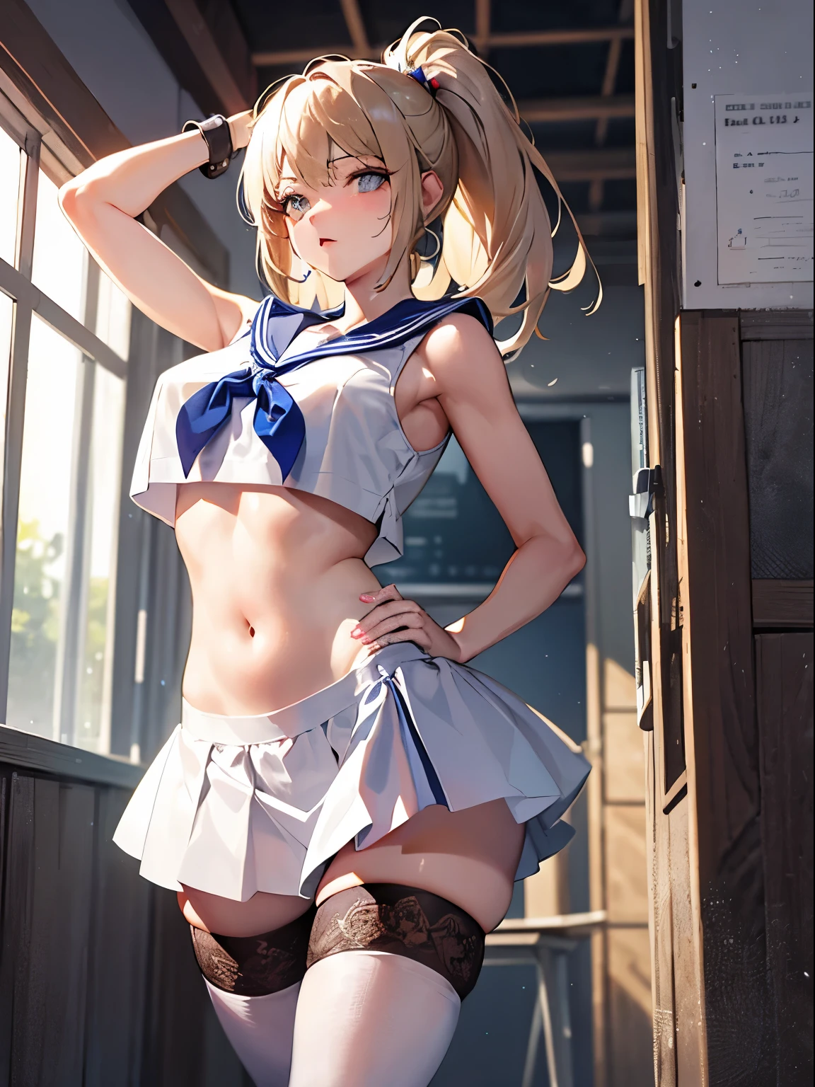 top-quality、realistic touch,high-detail、photoRealstic、thin-waist、captive beauty、big eye、solid platinum-blonde eyelashes、platinum-blonde、full body Esbian、Sparkling eyes, cheeks flushed、thin-waist、In the classroom of the school、She is in estrus、a sailor suit、cocky expression、Super short skirt with V-line visible、Sleeveless、Navel look、small tits、Ponytail hair style、a sailor suit that is extremely short in length、Colossal tits、big butts、Angle from below、Big breasts visible between uniform and stomach、sexy pose、see-through garments