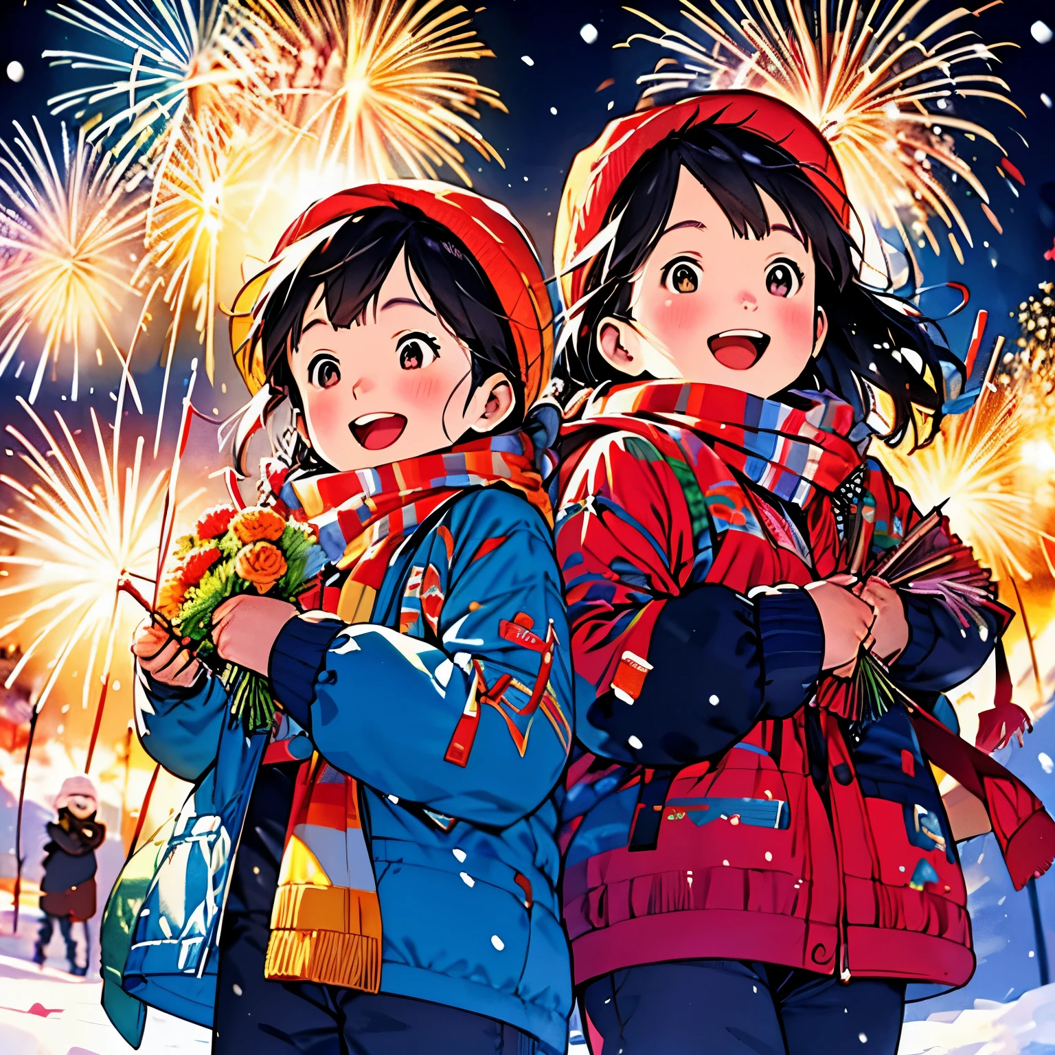 two female characterest quality at best, Manhwa Style，aquarelle，HighDynamicRange, professional, Vibrant colors, bokeh, happy girl, Holding a bouquet of gorgeous small fireworks in hand，Wear winter clothes and hats，Welcome the new year in a joyful atmosphere, dynamicposes