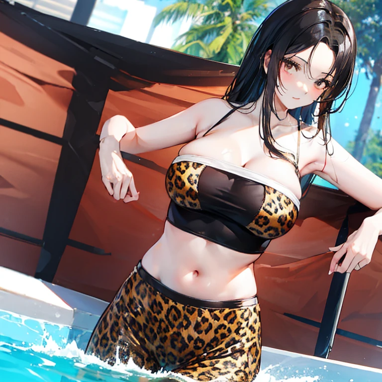 Black hair, brown eyes, sexy , large breasts, a leopard print bikini, a hotel swimming pool