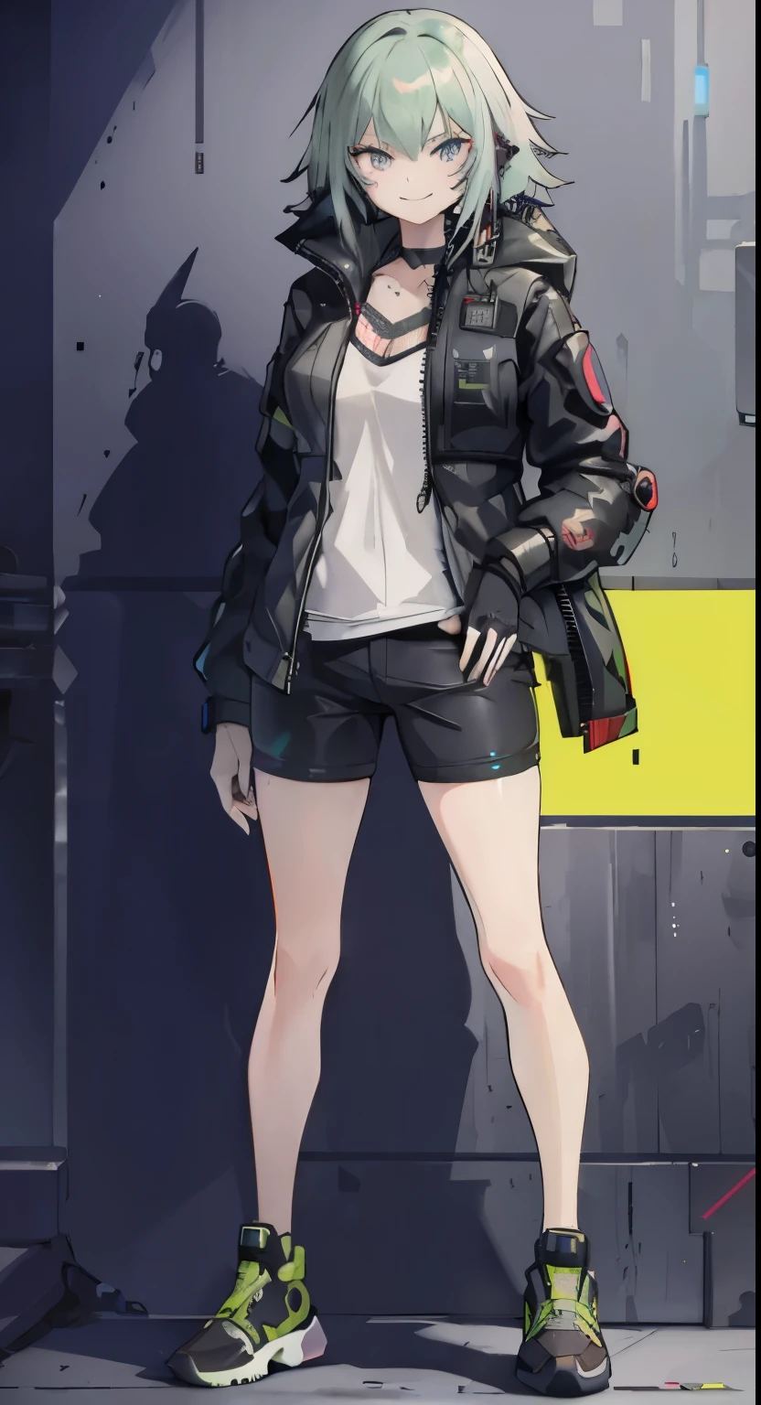 ((highest quality)), ((masterpiece)), (be familiar with),Clementine,Overload,nsfw,Sleeveless hoodie,Grey Shirt,cargo pants,Bewitching Smile,whole body,boots,Long coat,Erect nipples, cyber punk,SF
