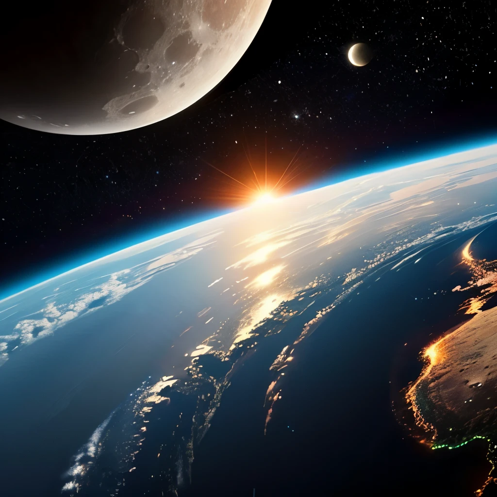 Realistic Universe, Sunrise on Earth seen from space, The moon visible in the distance, Realistic Earth, 云