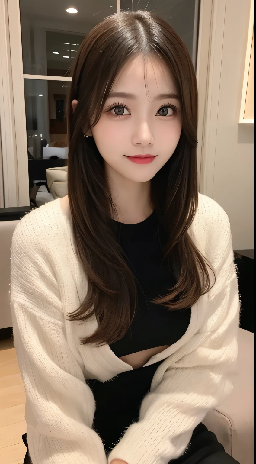 masutepiece, Best Quality, Illustration, Ultra-detailed, finely detail, hight resolution, 8K Wallpaper, Perfect dynamic composition, Beautiful detailed eyes, Gorgeous black fluffy Tokyo winter clothes,random cute hair,small tits,Natural Color Lip, Bold sexy poses,Smile、20 years girl、Cute、Sexy shot looking at camera,常にBlur the background,Perfect and beautiful face,Take only the face,beautiful and detailed face、slim face and style,Big eyes、Do gal makeup、Living room of luxury designer tower apartment、Blur the background、Cute hairstyles、pretty pose