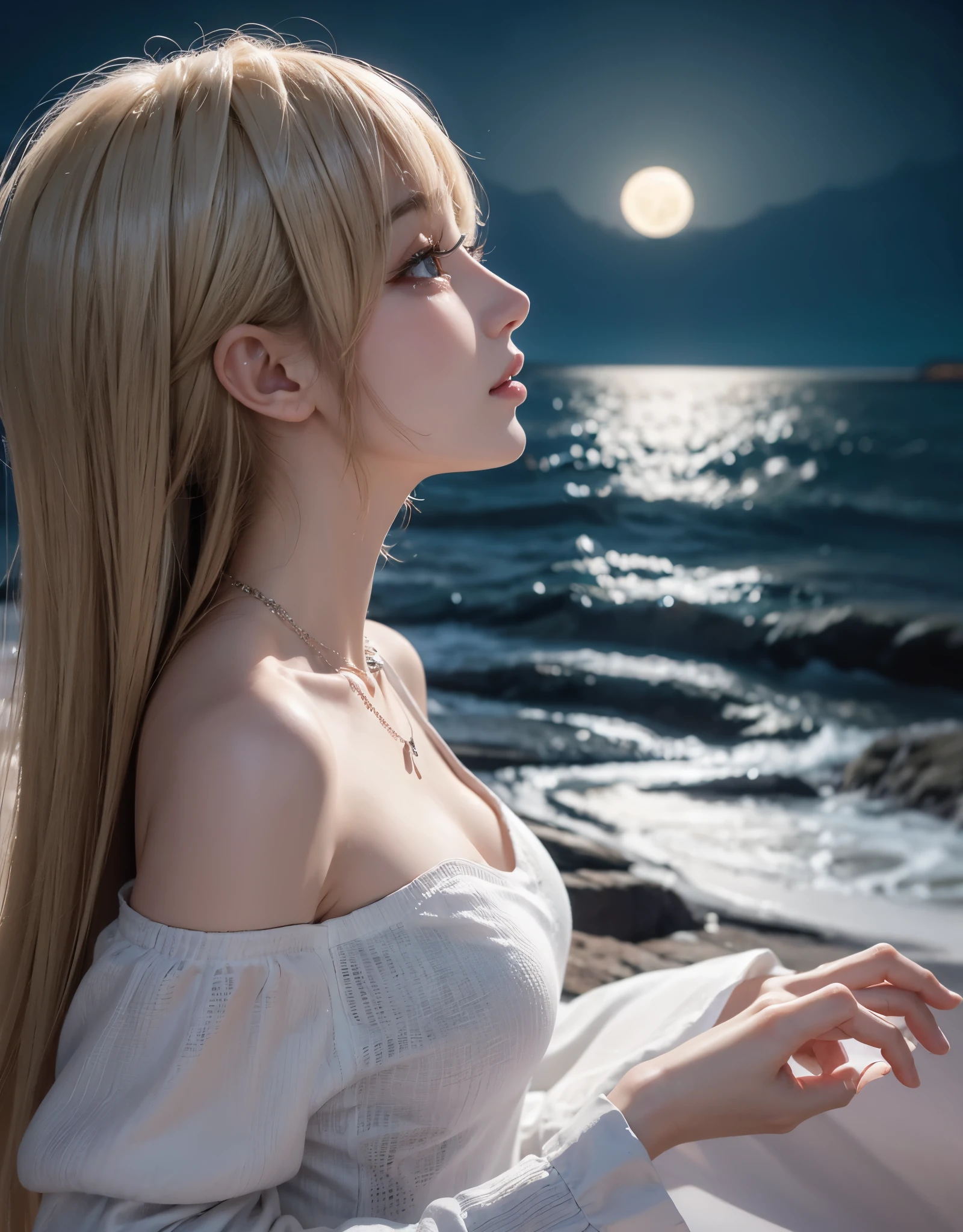 Beautiful eyes and face、An ultra-high picture quality、8K、Smart body、High Style、About 24 years old、Detailed eyes、Detailed skin、Crystal clear white skin、Off shoulder dress))、middlebreasts、simple background、((skin whitening))、a necklace、Beautiful collarbone,(((Lonely profile)))、((Coast at night))、((A face that looks like it's about to cry))、Anxious face、(moonlights)、