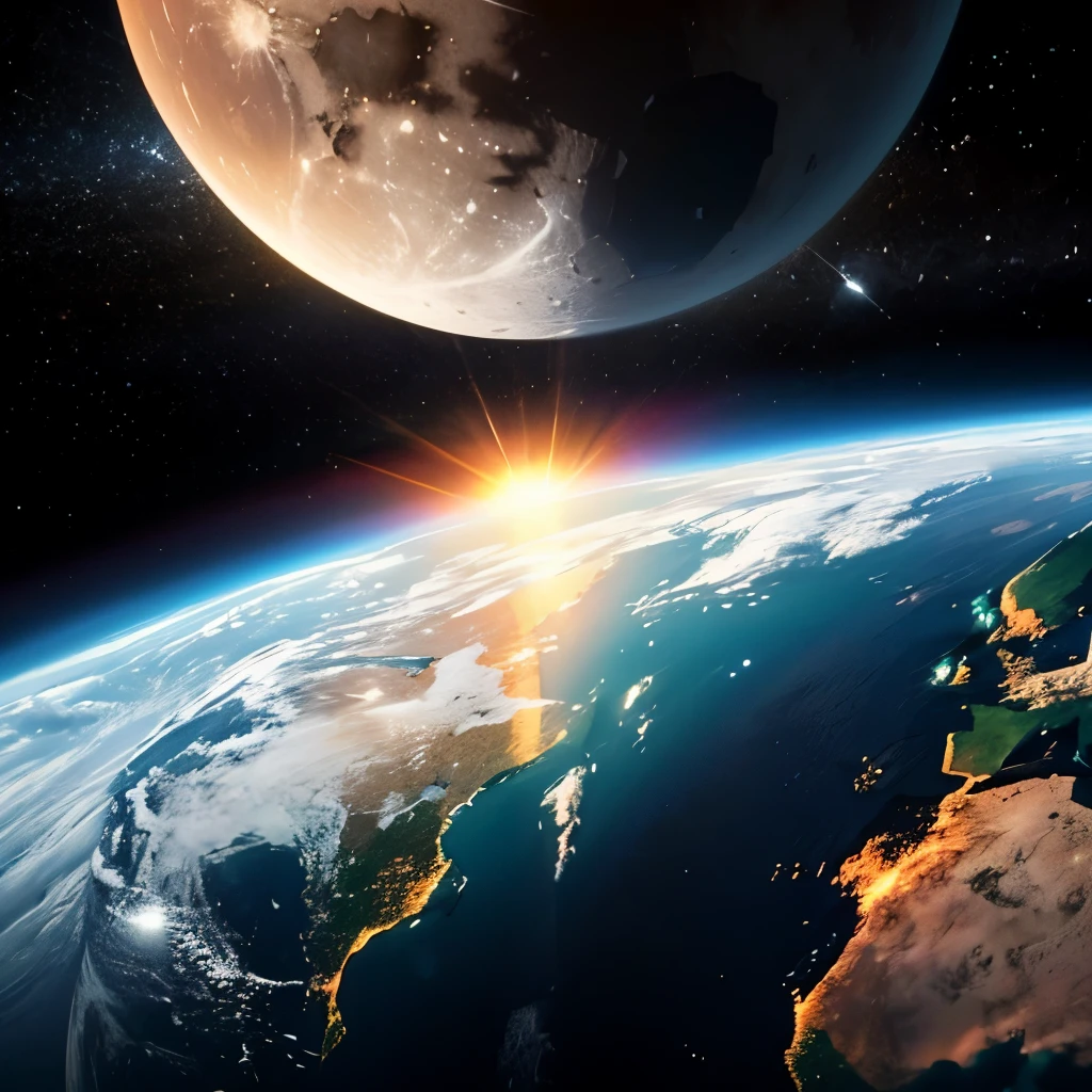 photos realistic, Sunrise on Earth seen from space, The moon visible in the distance, Realistic Earth, (earth covered in clouds)