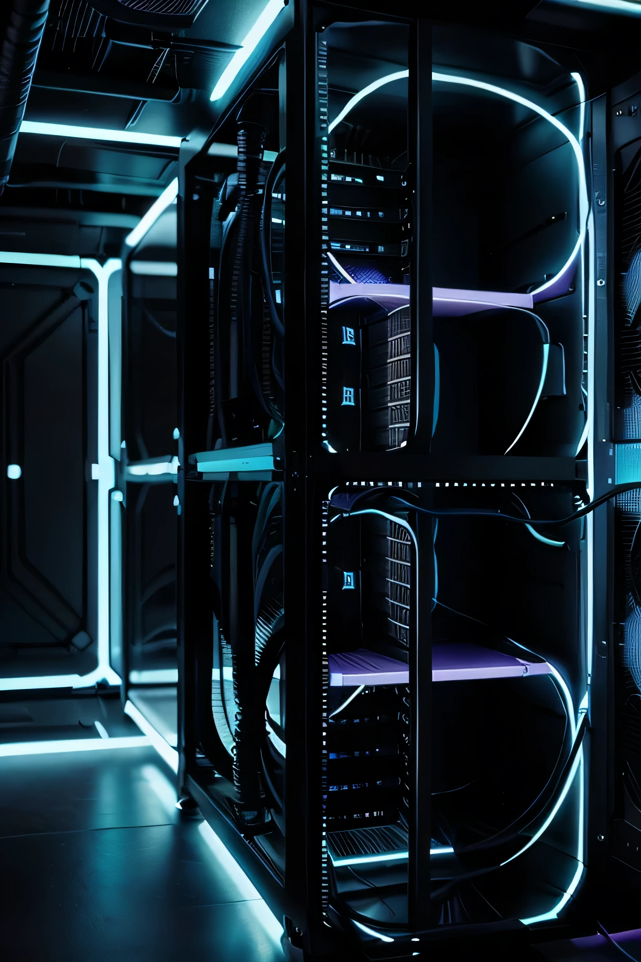 I need a hero image for my homepage. for the blog page. Es ist ein KI-Rechenzentrum mit GPU-Nvidia-Grafikkarten. Die Farbe muss hell-cyan sein, schwarz, dunkelblau und violett