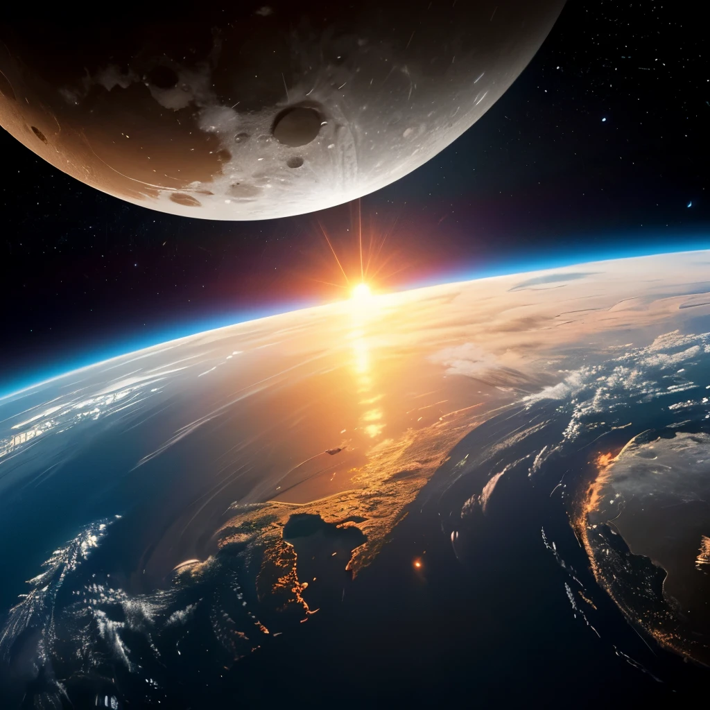 photos realistic, Sunrise on Earth seen from space, The moon visible in the distance, Realistic Earth, (earth covered in clouds)