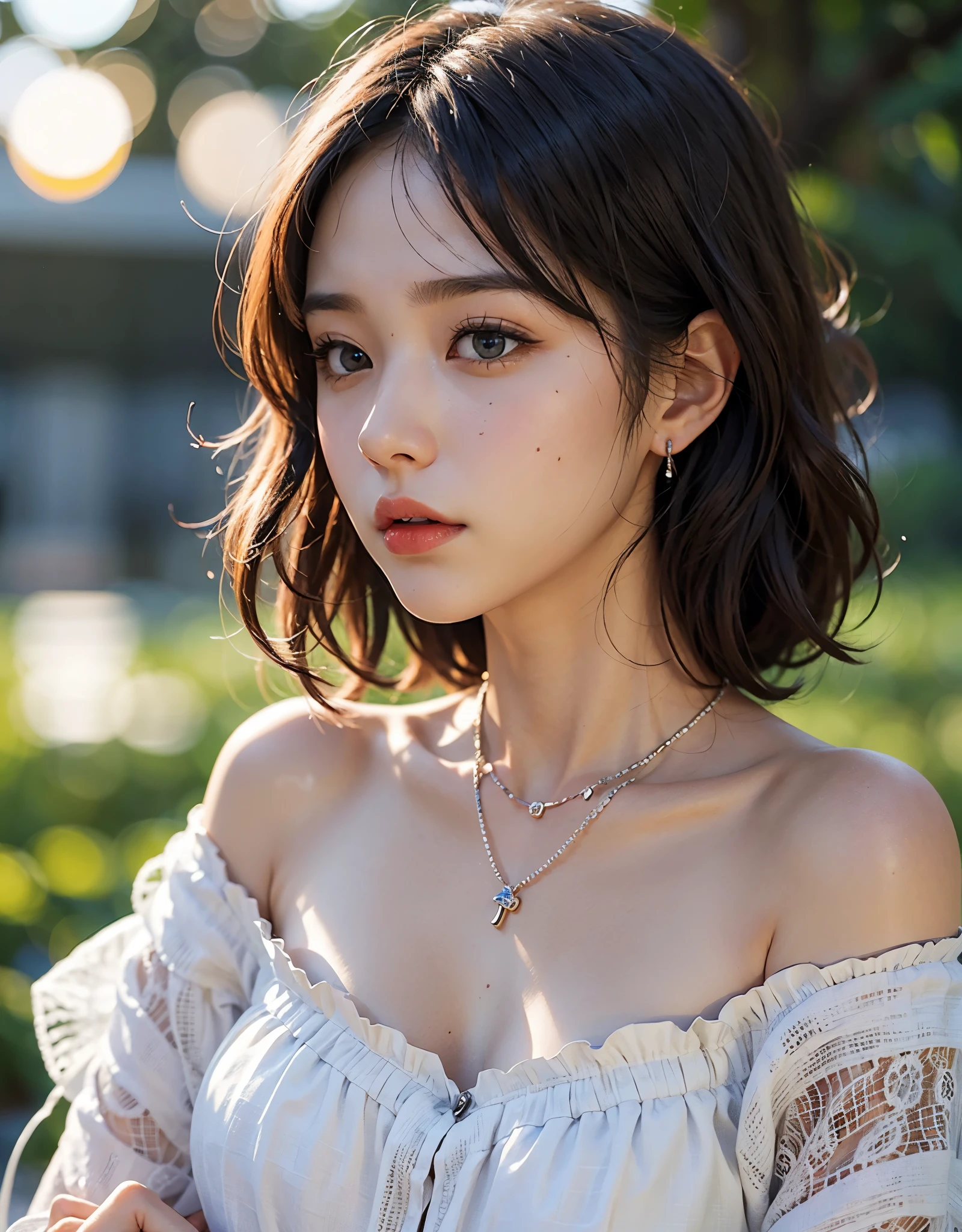 Beautiful eyes and face、An ultra-high picture quality、8K、Smart body、High Style、About 24 years old、Detailed eyes、Detailed skin、Crystal clear white skin、Off shoulder dress))、middlebreasts、simple background、((skin whitening))、a necklace、Beautiful collarbone、Coast at dusk,(((Lonely profile)))、illuminated by the setting sun、A face that looks like it's about to cry、Anxious face、