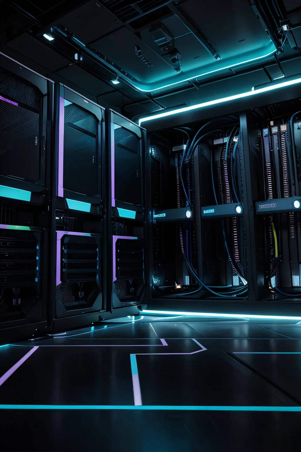 i need a hero picture for my homepage. for the blog page. it is a ai datacenter with gpu nvidia grafik cards. coluours has to be light-cyan, black, dark blue and violet