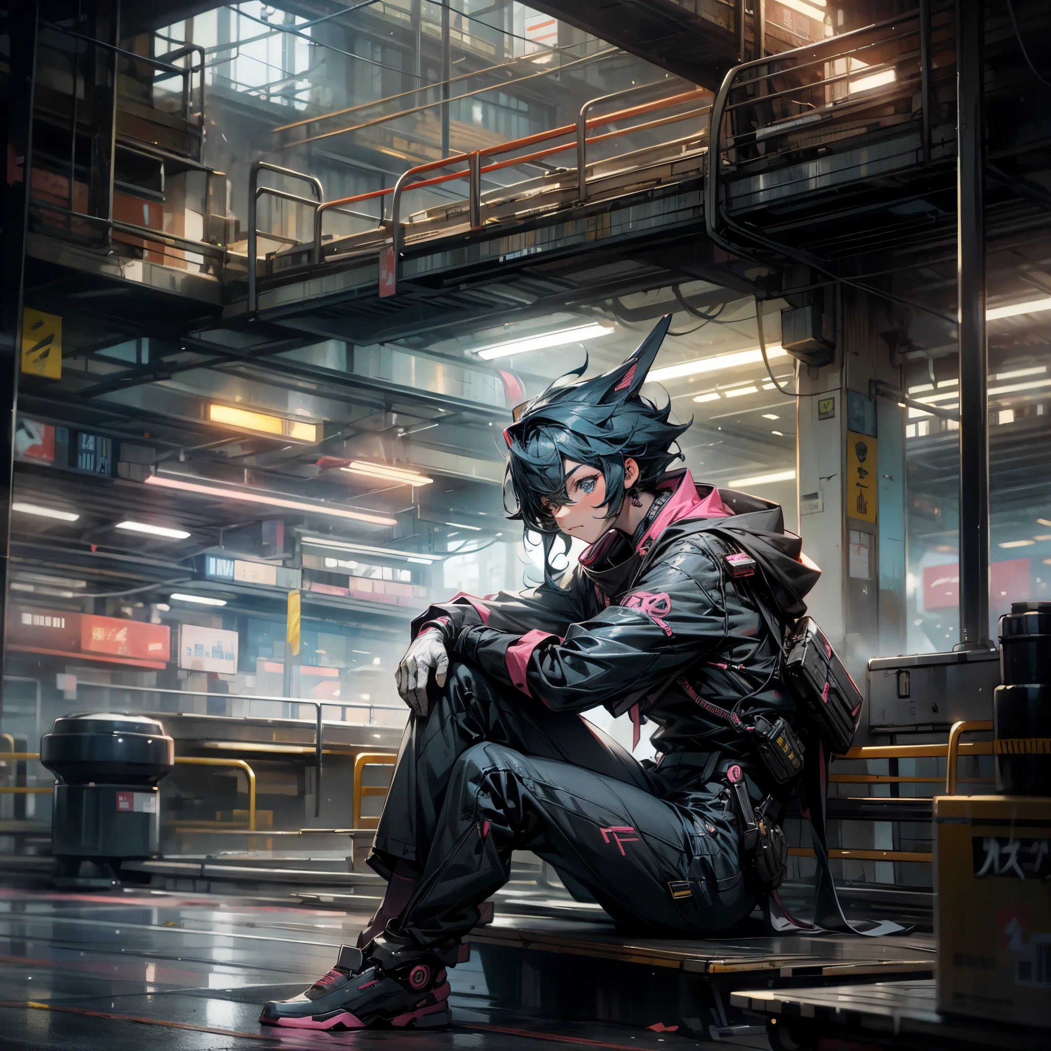 Neon City, sci-fy, SakuraNS, In the daytime, a boy is sitting his