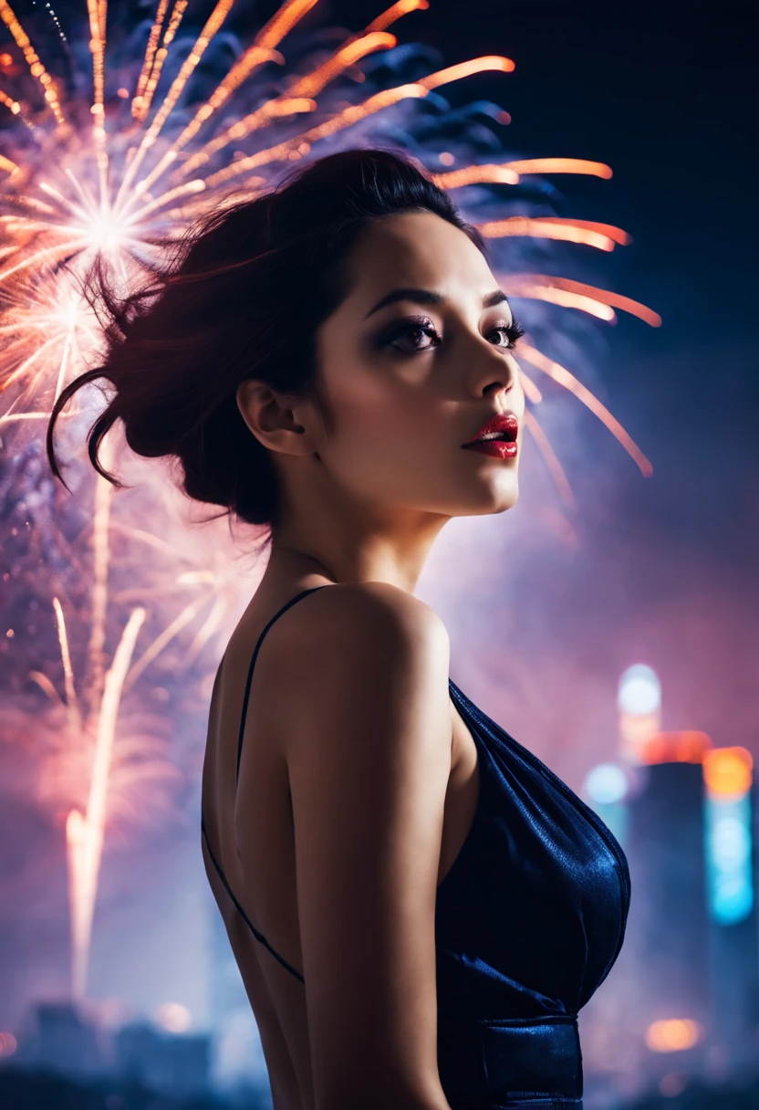 wide wide shot，Expansive night sky，new year，A grand fireworks display，woman portrait，double exposure effect，dramatic lights，Vivid colors，long exposure technology，creative composition，artsy photography，hight contrast，abstract elements，Emotionally captivating，Expressive eyes，Soft focus，vague background，Beautiful detail lips，Multiple exposures，Different Perspectives、Cidade futuristica，Silhouette of a high-rise building。distinct texture、overlapping images、A harmonious blend of themes、art story、Surreal atmosphere、Experimental Technology、imaginative exploration、artistic expression、Artistic interpretation、Creative experimentation、personal narrative、Layered composition、Ethereal aesthetics、Striking visual impact、visual depth、magic realism、Poetic atmosphere，detailed meticulous，Visual poetry