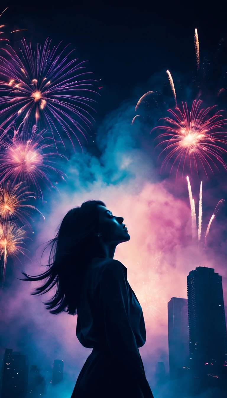 wide wide shot，Expansive night sky，new year，A grand fireworks display，woman portrait，double exposure effect，dramatic lights，Vivid colors，long exposure technology，creative composition，artsy photography，hight contrast，abstract elements，Emotionally captivating，Expressive eyes，Soft focus，vague background，Beautiful detail lips，Multiple exposures，Different Perspectives、Cidade futuristica，Silhouette of a high-rise building。distinct texture、overlapping images、A harmonious blend of themes、art story、Surreal atmosphere、Experimental Technology、imaginative exploration、artistic expression、Artistic interpretation、Creative experimentation、personal narrative、Layered composition、Ethereal aesthetics、Striking visual impact、visual depth、magic realism、Poetic atmosphere，detailed meticulous，Visual poetry