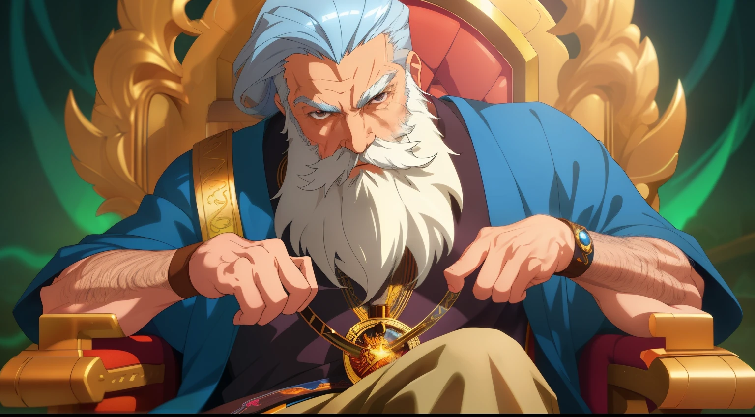 artwork of an older mystical man with a beard, sitting in a chair looking straight into the camera, centered on the image,  ultrarealistic 8k . anime style, key visual, vibrant, studio anime, highly detailed