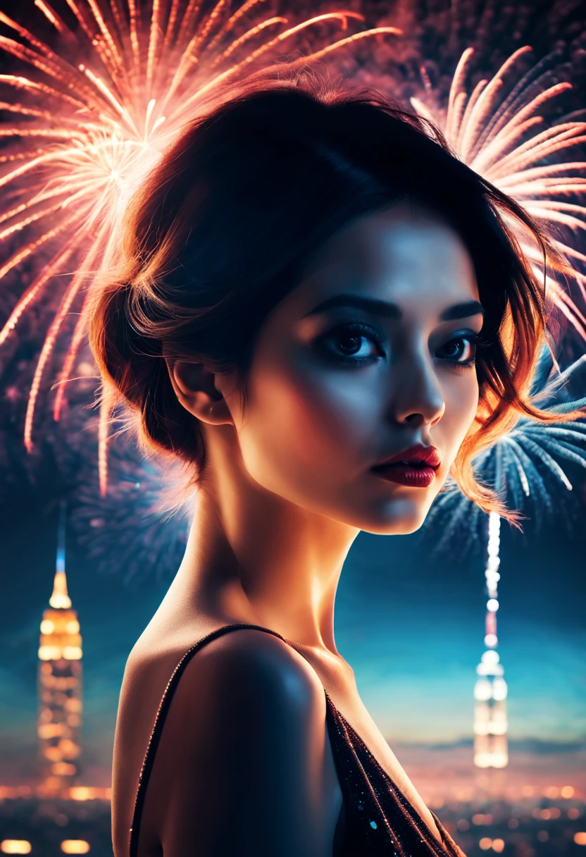 wide wide shot，Expansive night sky，new year，A grand fireworks display，woman portrait，double exposure effect，dramatic lights，Vivid colors，long exposure technology，creative composition，artsy photography，hight contrast，abstract elements，Emotionally captivating，Expressive eyes，Soft focus，vague background，Beautiful detail lips，Multiple exposures，Different Perspectives、Cidade futuristica，Silhouette of a high-rise building。distinct texture、overlapping images、A harmonious blend of themes、art story、Surreal atmosphere、Experimental Technology、imaginative exploration、artistic expression、Artistic interpretation、Creative experimentation、personal narrative、Layered composition、Ethereal aesthetics、Striking visual impact、visual depth、magic realism、Poetic atmosphere，detailed meticulous，Visual poetry