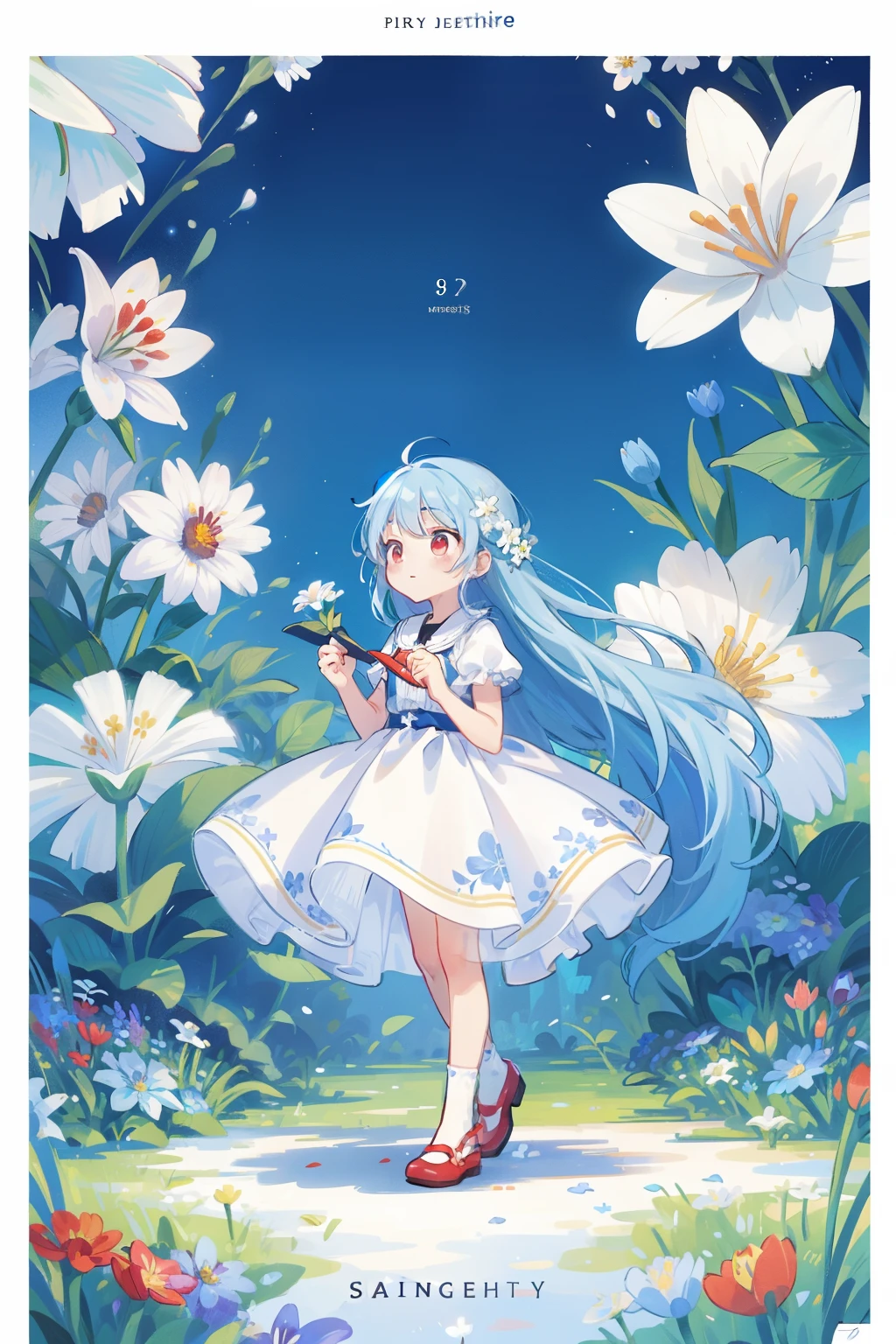 ((Best quality at best)),((tmasterpiece)),((ultra - detailed)),(illustratio),(detailedlight),(an extremely delicate and The beautiful),((manicured)),unbelievable_absurd res,(Ray traching),(reflective light),((filmposter)),(signatures:1.3),(english text:1.3),BREAK BREAK BREAK (8K:1.3),the wallpaper,1 girl,(girl among flowers:1.4),(Pure sky blue hair, red eyes:1.5),clear night sky,external,ultra - detailed,Best quality at best,Extreme Quality,tmasterpiece,The beautiful,Pretty big breasts,sat on the ground,(Ridiculously long hair, Clear border of cloth:1.4),(Plain white dress, pure white silk cloth:1.5),(flowerforground, Thousands of flowers, Colorful flowers, Flowers around her, A variety of flowers:1.51),young,night fireworks background,Amazing,Attractive,sun skirt,Wonderful scenery,Pure white shoes,