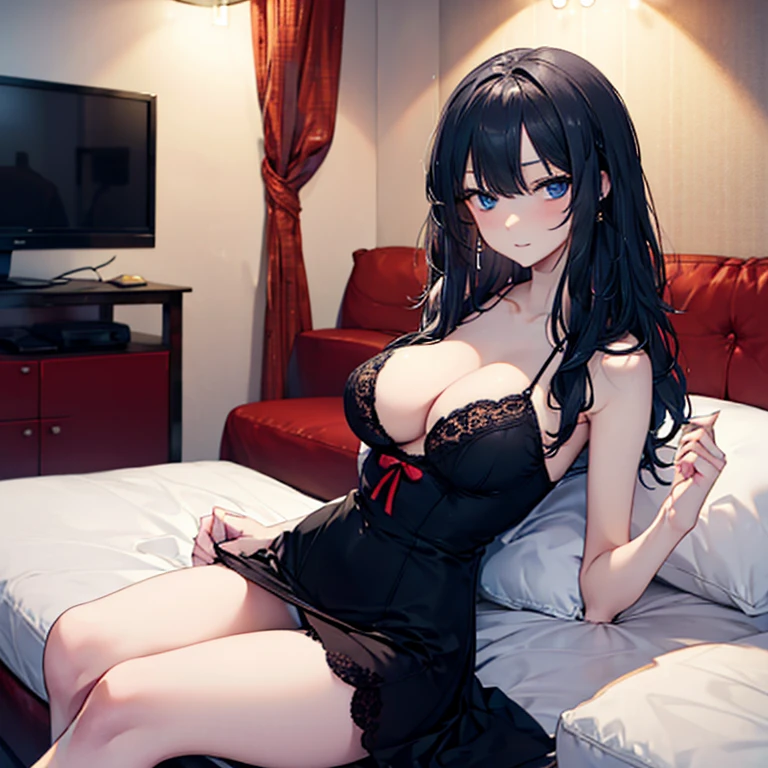 Black hair, blue eyes, sexy, large breasts, a leopard print lingerie, a leopard print underwear, a hotel  bedroom