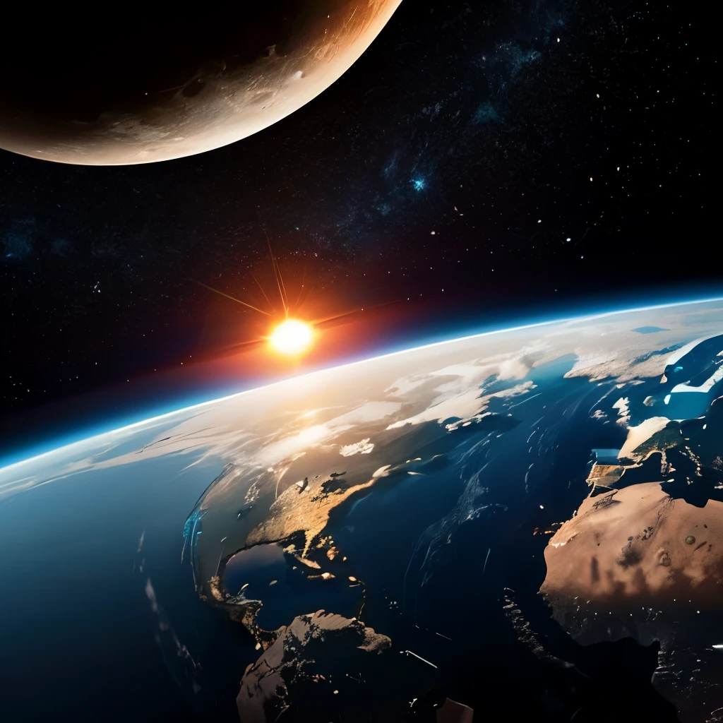 photos realistic, Sunrise on Earth seen from space, The moon visible in the distance, cosmic space