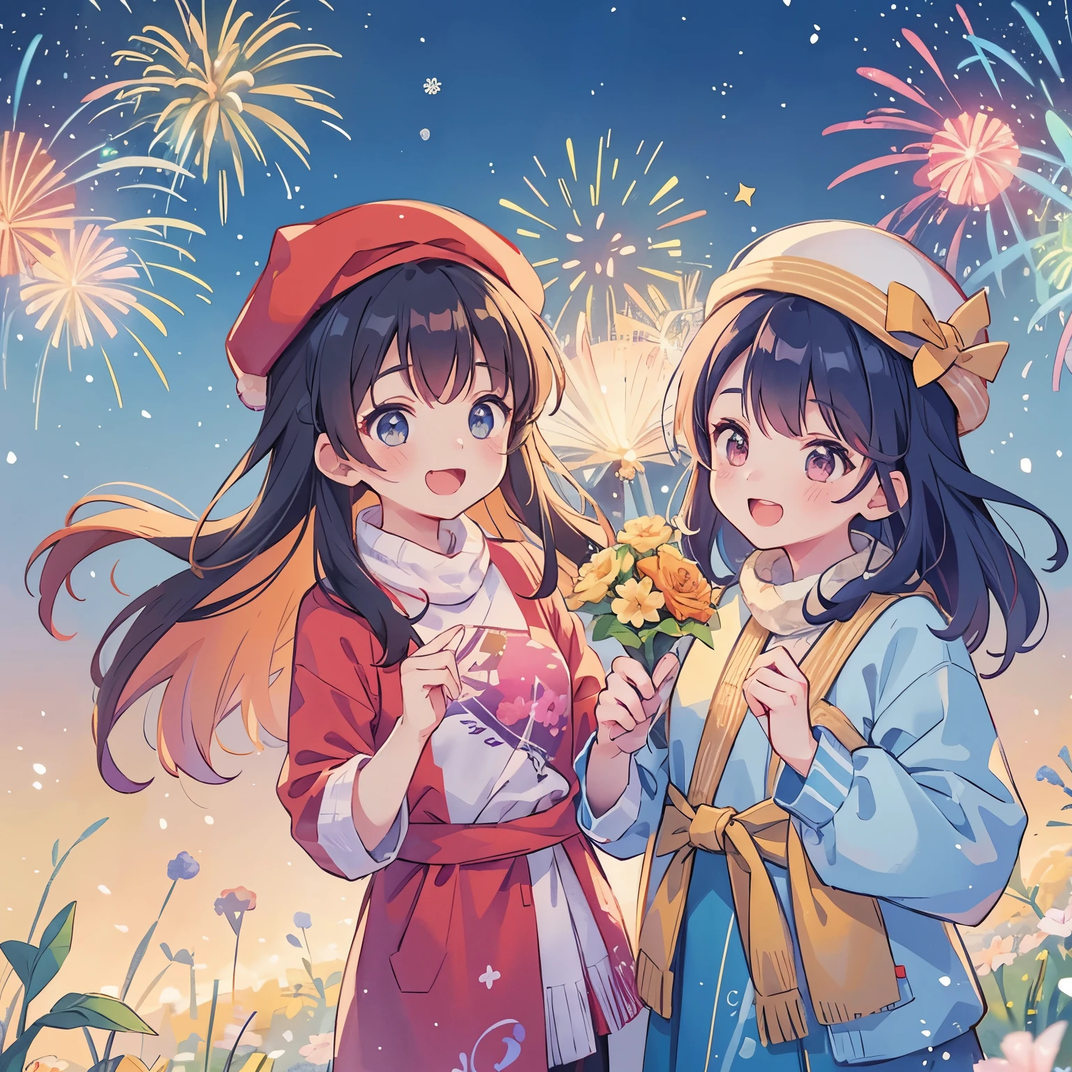 two female characterest quality at best, Manhwa Style，aquarelle，HighDynamicRange, professional, Vibrant colors, bokeh, happy girl, Holding a bouquet of gorgeous small fireworks in hand，Wear winter clothes and hats，Welcome the new year in a joyful atmosphere, dynamicposes