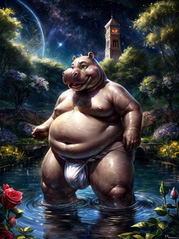 (Obese, Overweight, male, anthro, hippo), nude, fundoshi, big bulge, luminiscent green eyes, by Pino Daeni, mystical garden by a lake, clocks tower, starlit skies, vivid roses, dreamlike atmosphere, whimsical paths, sparkling gems, artistic contrasts, imaginative landscapes, whimsical details, reflections dancing on the water surface