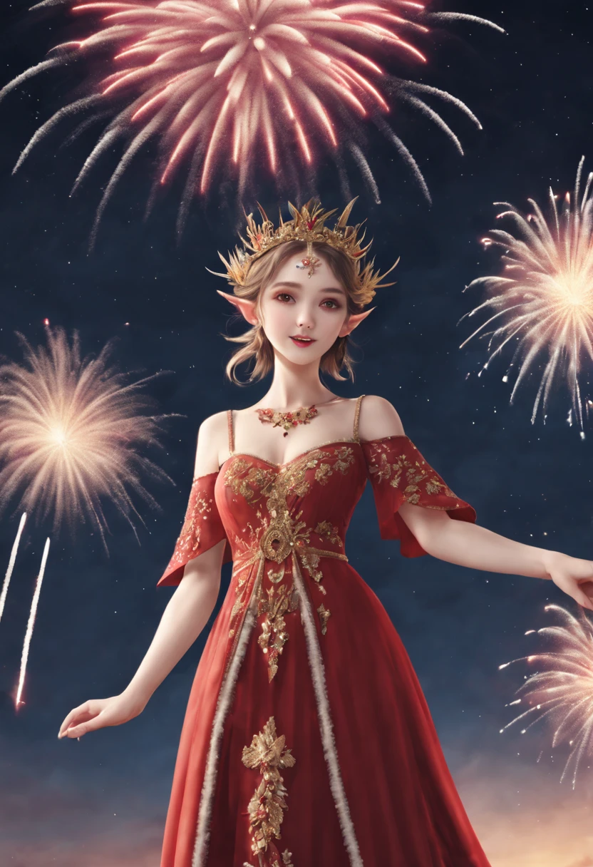 wide wide shot,Expansive night sky,new year,(A grand fireworks display),a beautiful elf queen,Spring dress,having fun,red tint,gold thread embroidery,(best quality,4k,highres,masterpiece:1.2),ultra-detailed,(realistic,photorealistic,photo-realistic:1.37),