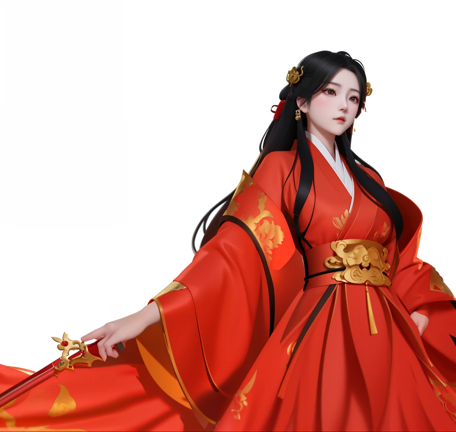 queen of china,wear gold dress,Gold Jewelry,wearing a Chinese emperor hat,An aggressive expression on his face.,Age 65,Tie your hair