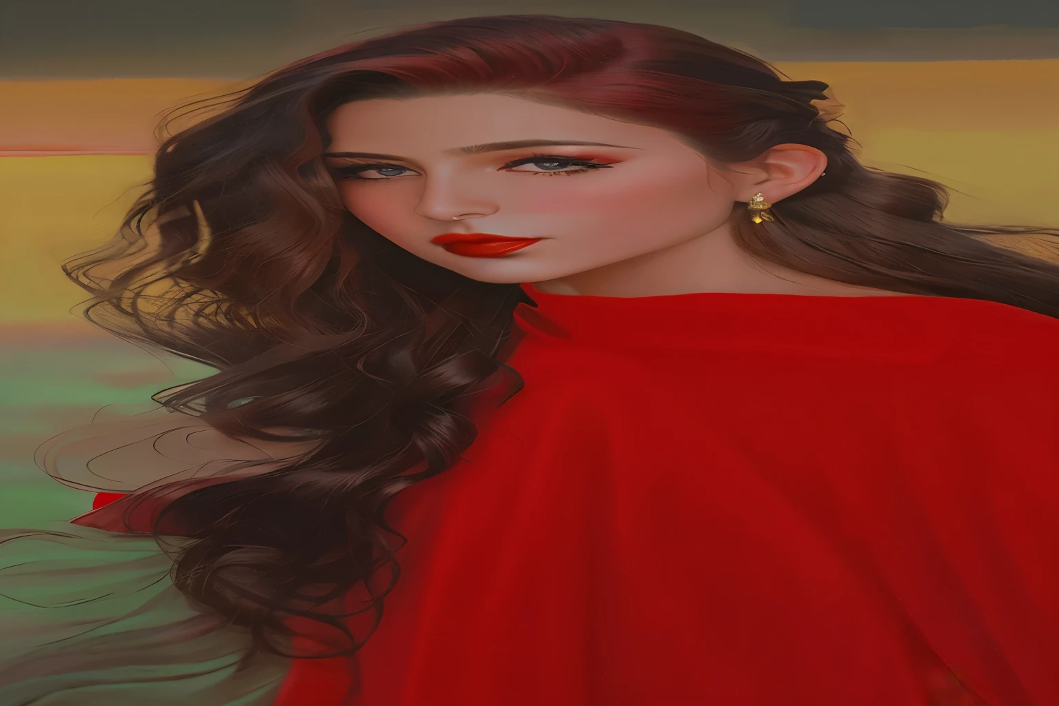 there is a woman with long hair and red lipstick posing for a picture, in a oil painting style, edited in photoshop, in red background, digital art but photo, saturated colorized, retouched in photoshop, color portrait, made with photoshop, low quality photograph, long hair and red shirt, very very low quality picture, red colored, digital art!!, red color