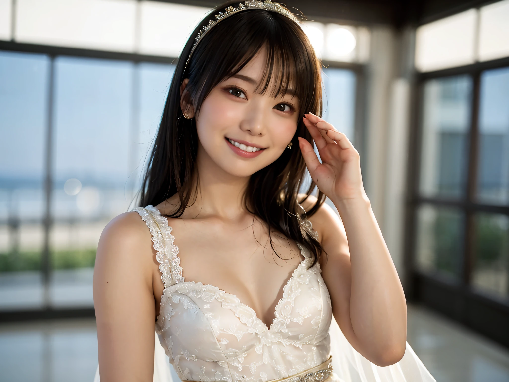 full body Esbian、((lensflare))、((Constricted waist circumference))、((Smiling)),((((27yo)))),(((Smaller bust))))、(((Colorful Wedding Dresses)))、(((Muscle feeling)))、(((photorealisim:6, realisitic)))、shorth hair、pale-skinned、looking at the viewers、the beach、coastline、the wind、vague、 8K UHD、Wearing glasses、Digital SLR、softlighting、hightquality、top-quality、超A high resolution、(Photorealsitic:1.4)、beautiful smiling face, Beautiful detailed sky, 电影灯光, depth of fields, Lens flare light、(A smile:1.15)、(Mouth closed)tiny chest、beautiful finely detailed eyes、Floating hair Nova frog style