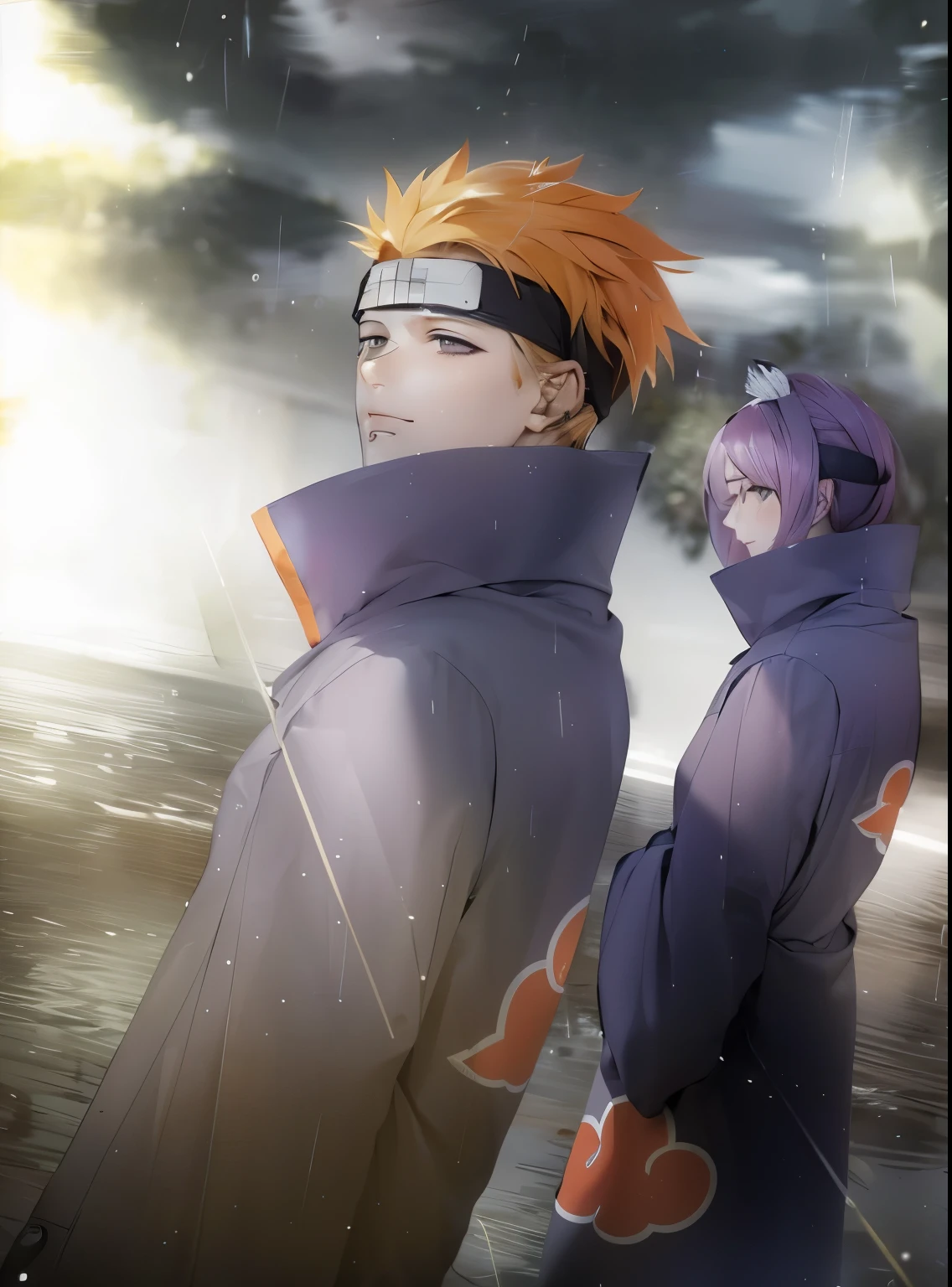 characters in the rain with a cloudy sky behind them, realistis
