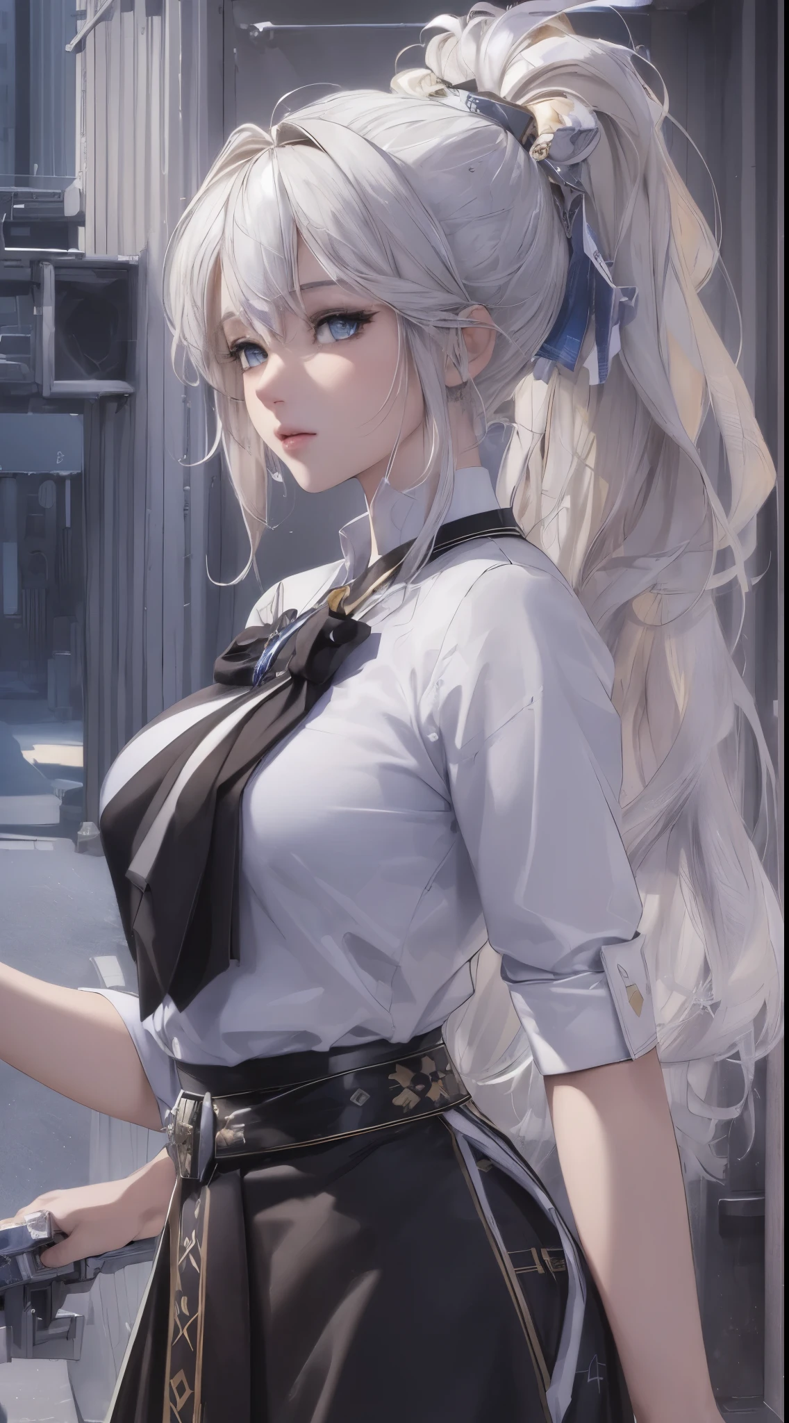 (((masterpiece,best quality,official art,extremely detailed CG unity 8k wallpaper))),illustration,landscape,solo,1girl,bishojo,beautiful detailed eyes,Student uniforms, platinum blonde hair, ponytail