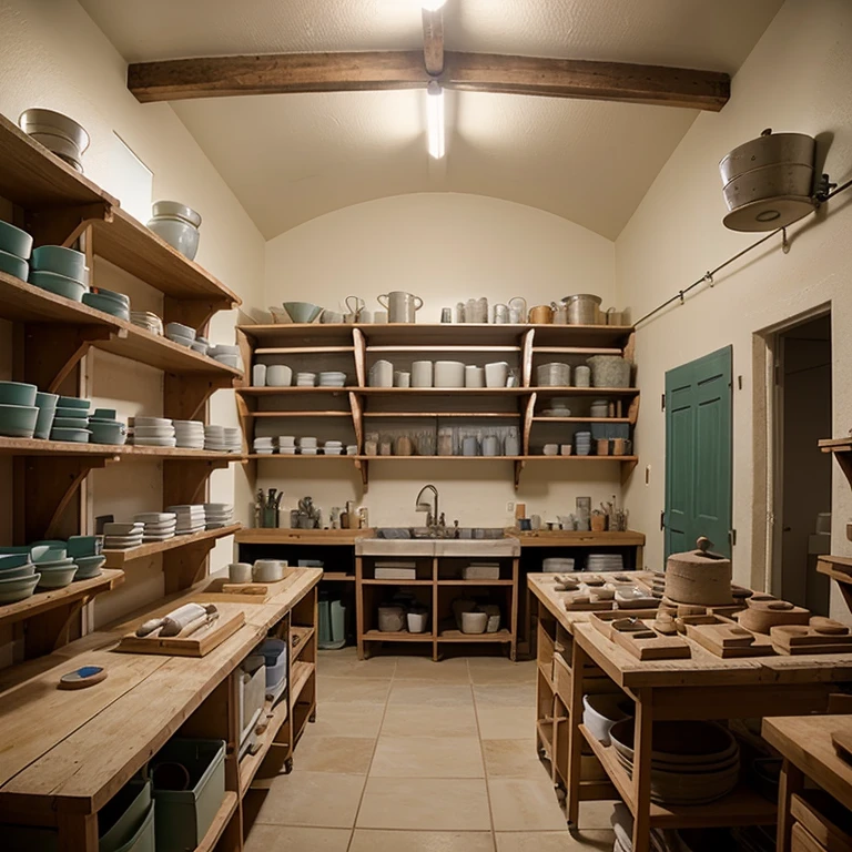 Develop a design project for the entire 20 sqm room of a ceramic workshop. It requires a workspace for the master and her students, a prominently placed kiln for firing, as well as storage shelves for showcasing and storing works.