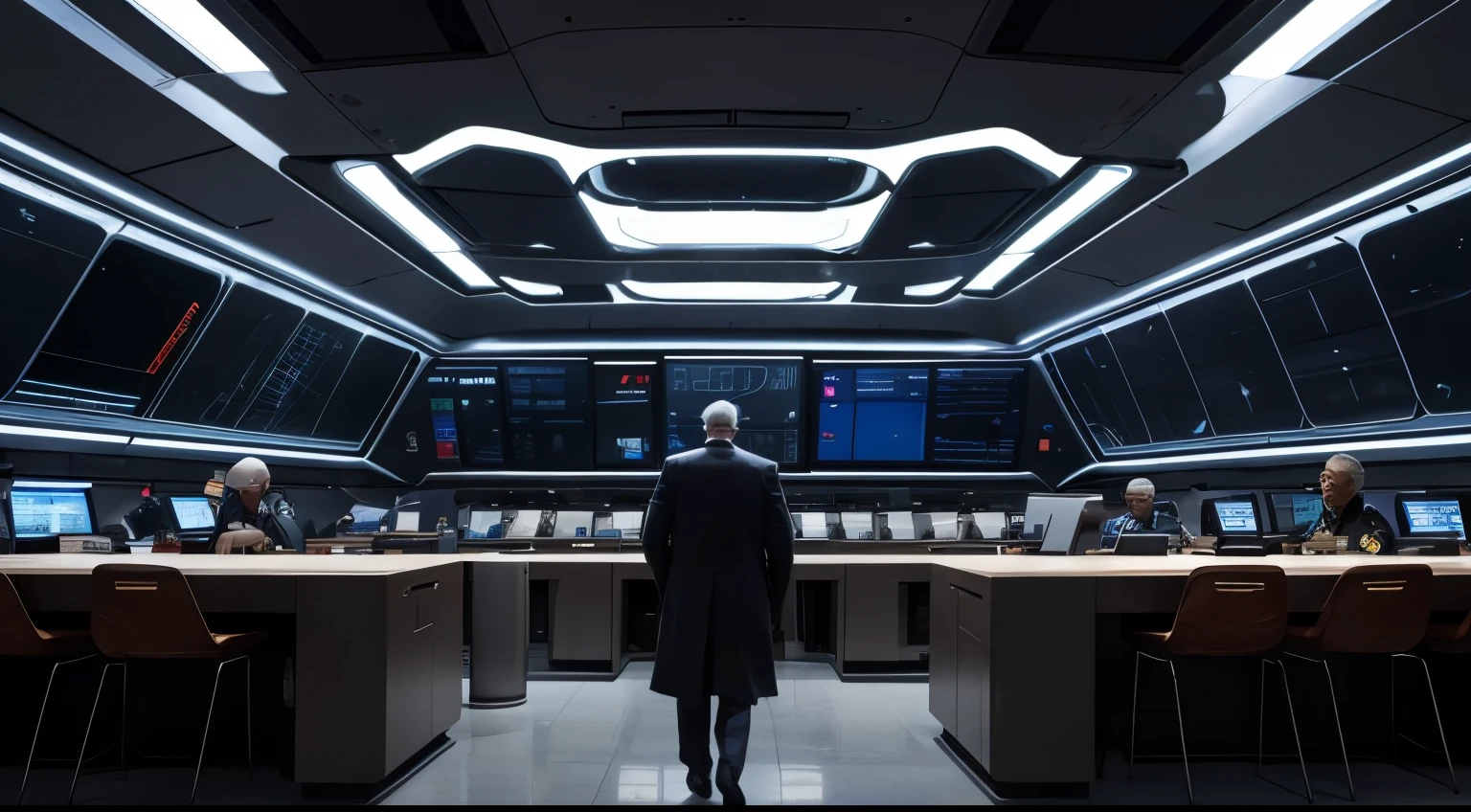 An old male captain (serious, grey beard) in the combat information center of a large futuristic military spaceship, 4k, realistic, highly detailed, militaristic, serious, busy, wide shot, from behind, wide angle, multiple people