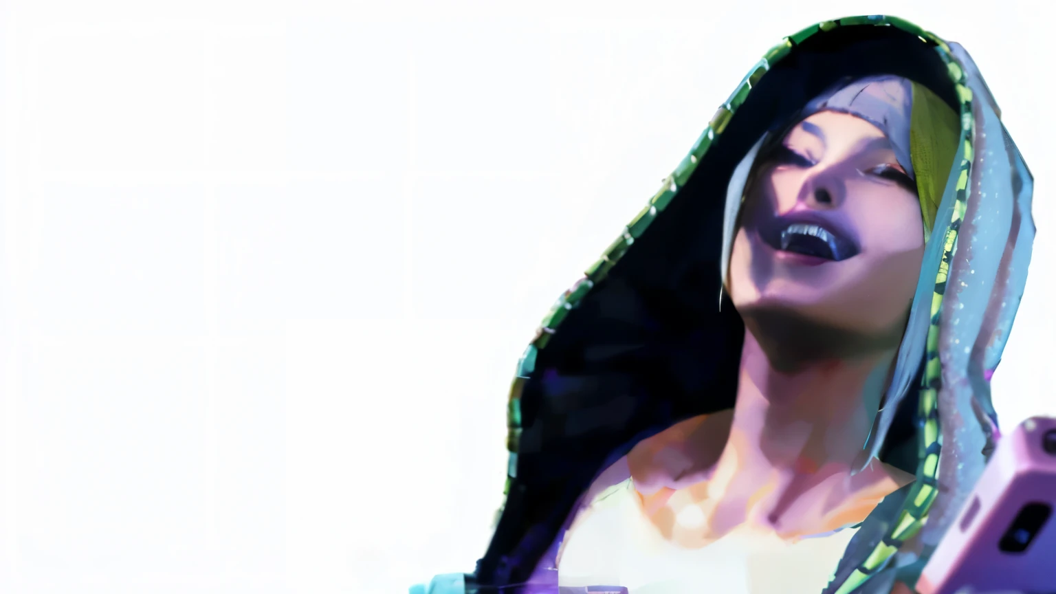 hoods、silber hair、Blunt bangs、holding a pink smartphone、white backgrounid