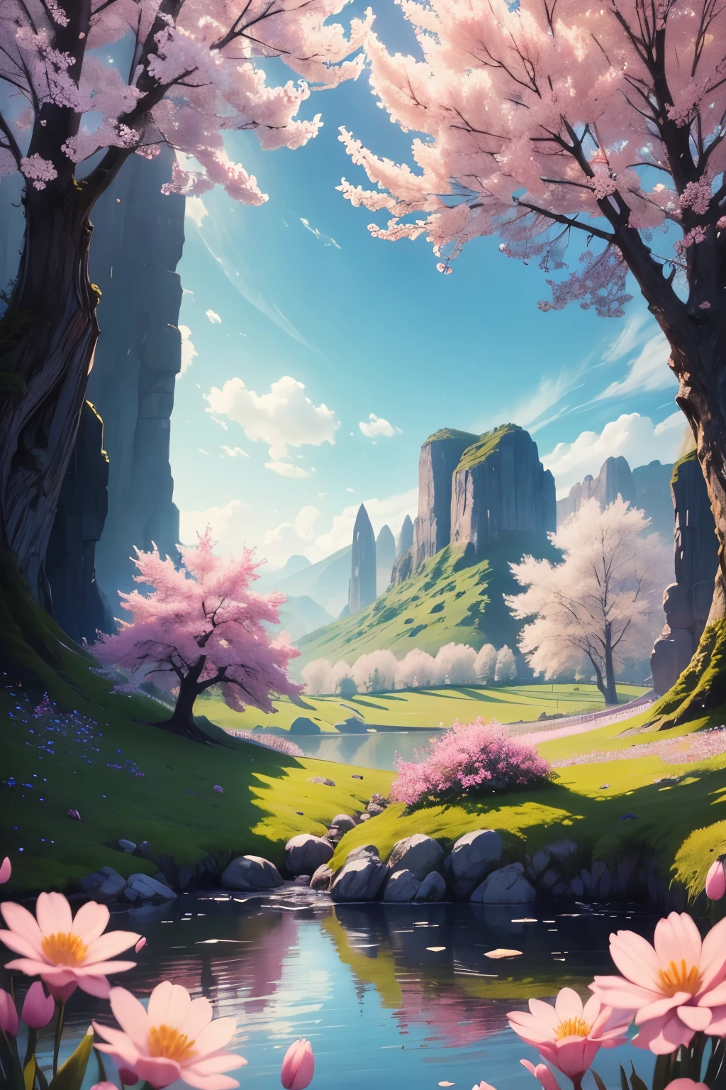 Beautiful scenery calming spring landscape with great depth and clarity, highly detailed, high resolution