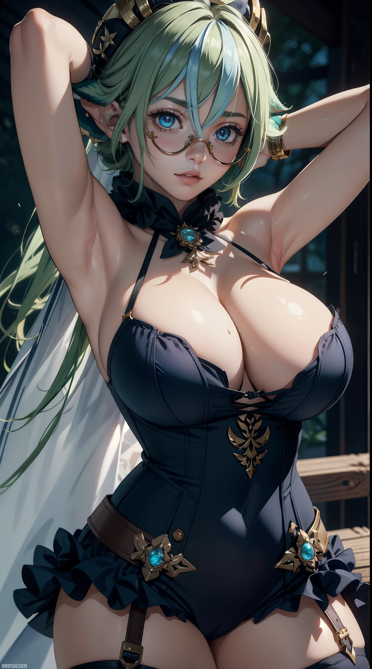 ((masterpiece)),(bestquality),((ultra-detailed)), (beautiful detailed face), depth of field,detailed,((beautiful detailed eyes)), gigantic breast, armpit pose, sucrosedef, cowboy shot