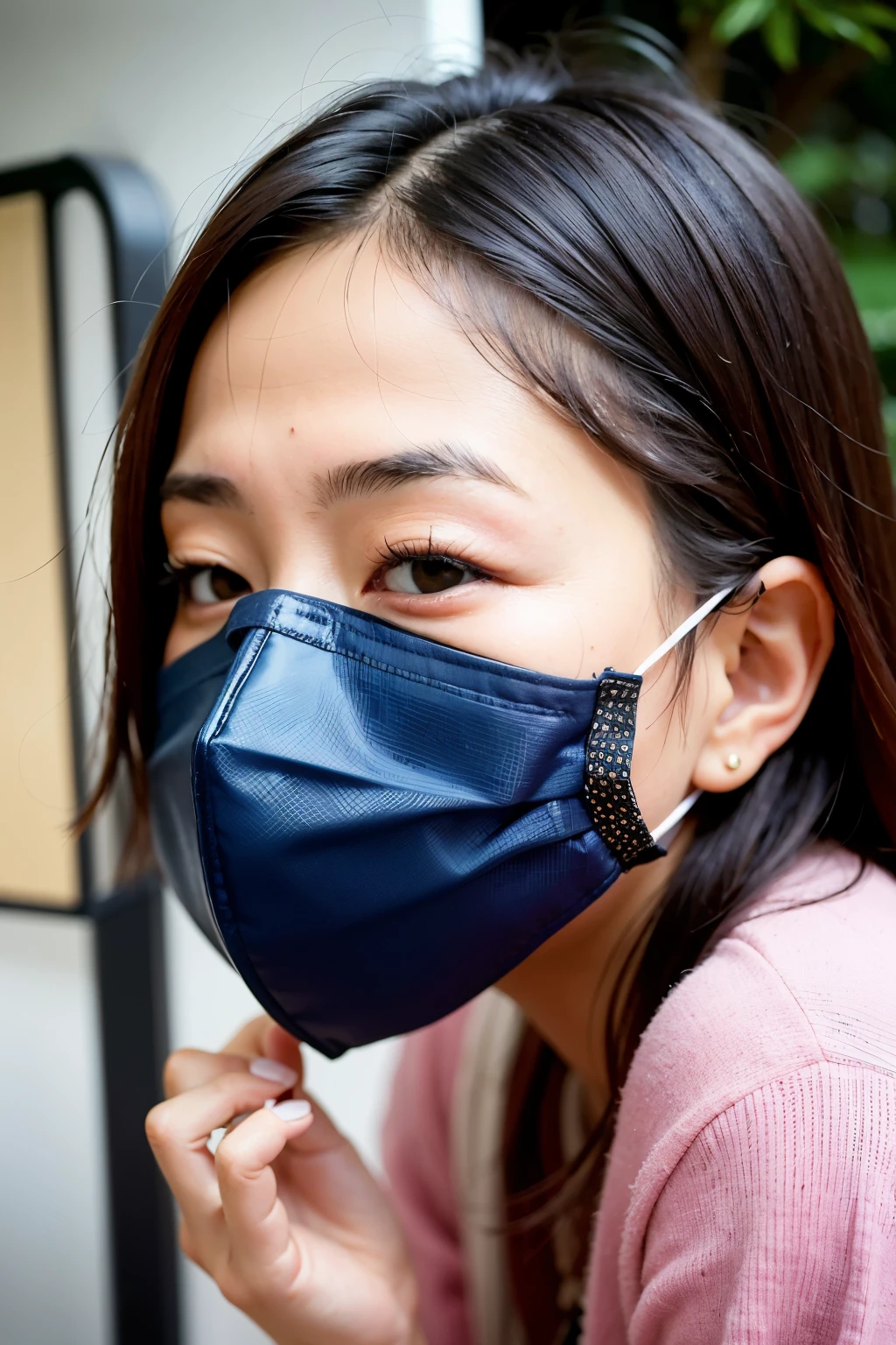 A beautiful Japanese woman is sticking her tongue out of the hole in the center of her non-woven mask.She is sticking her tongue out of her mask.